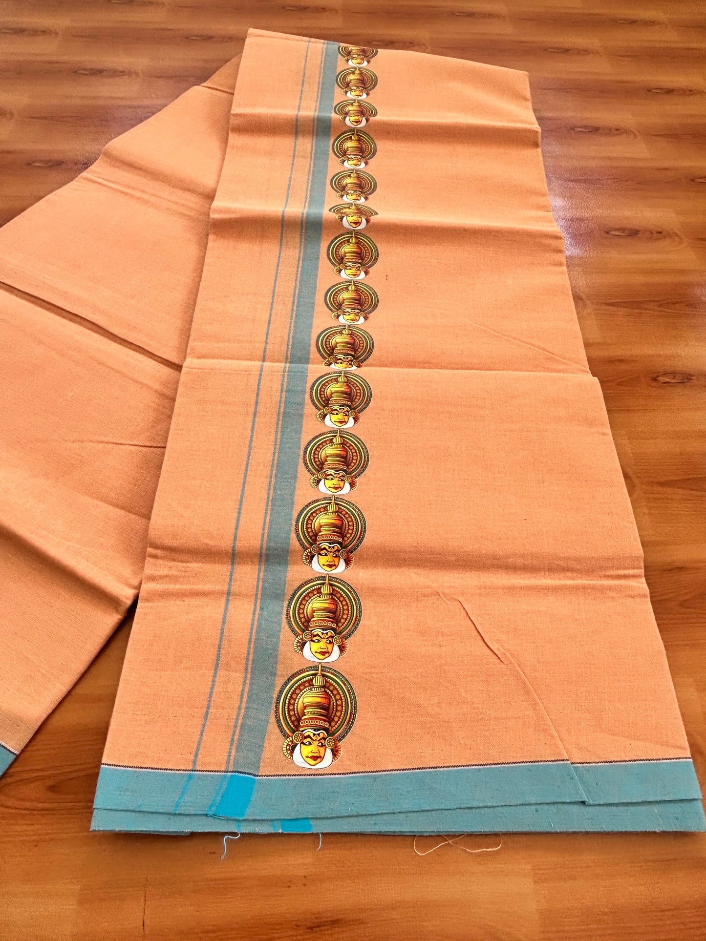 Single Kaily / Lungi- Kaitharikada - Pure Cotton - (40s) - Kathakali Printed Design 0.5 inch Light Blue Kara with Light Kavi Colour Body (2 meter / 4 muzham) - 57 KK8062 GAN