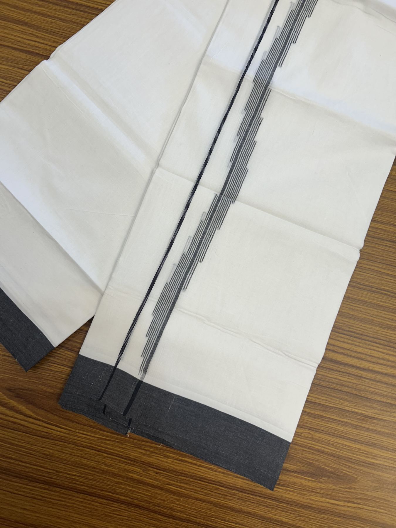 20% Discount ! Kaitharikada Balaramapuram 100% Cotton Pure White Double Mundu/Dothi - 100x80 - 0.75 inch Black Jacquard Stripes Design Kara 3.80 mtr (8 muzham) - 17 KK5323 THI