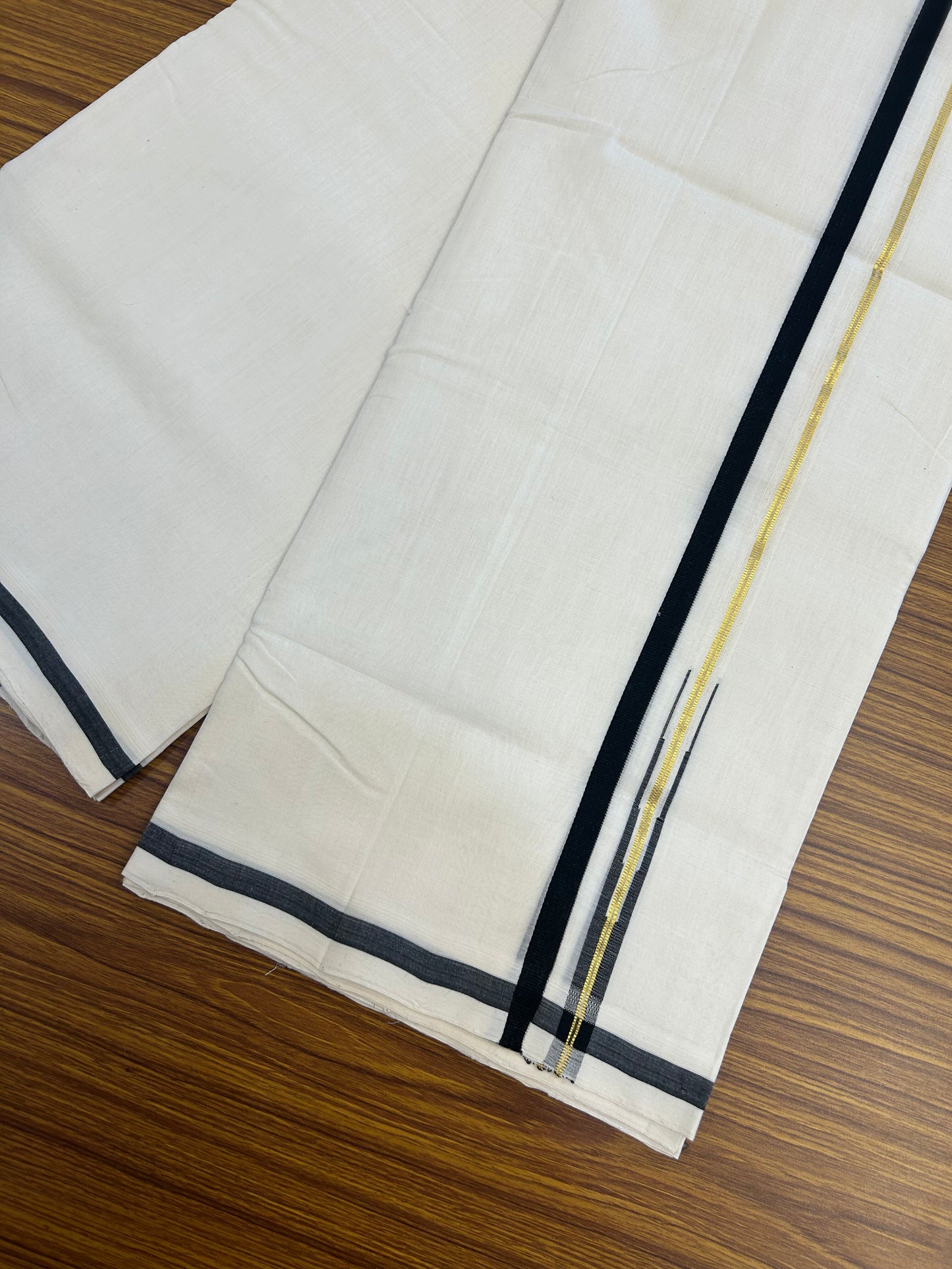 25% Discount!! KaithariKada Handloom Unakkupaav - Kerala Handloom - 100% Pure Cotton Off White - (Unbleached) Double Mundu/Dothi - 100x80 - 0.5 inch Puliyilakkara Gold Kasav & Black Chutty Kara 4 mtr (8.5 muzham) - 47 KK5353 REA