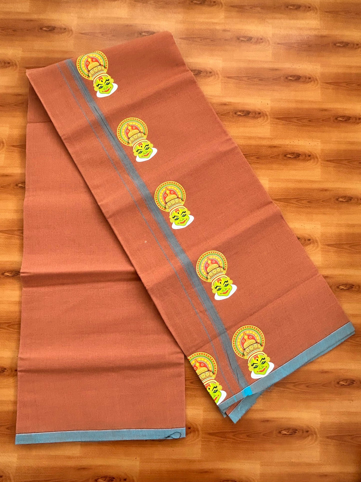 Single Kaily / Lungi- Kaitharikada - Pure Cotton - (40s) - Kathakali Printed Design 0.5 inch Light Blue Kara with Dark Kavi Colour Body (2 meter / 4 muzham) - 58 KK8062 GAN
