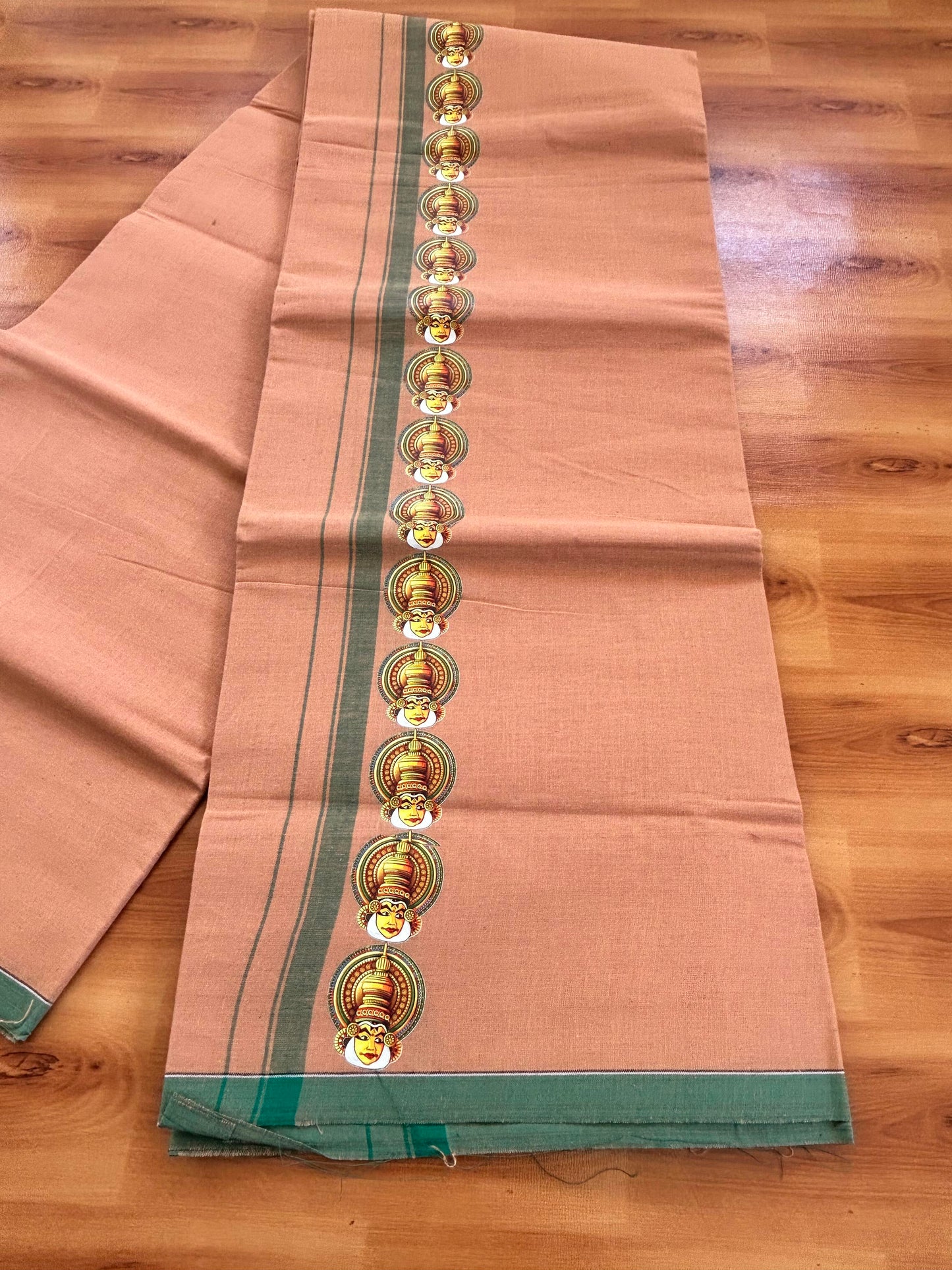 Single Kaily / Lungi- Kaitharikada - Pure Cotton - (40s) - Kathakali Printed Design 0.5 inch Green Kara with Light Kavi Colour Body (2 meter / 4 muzham) - 60 KK8062 GAN