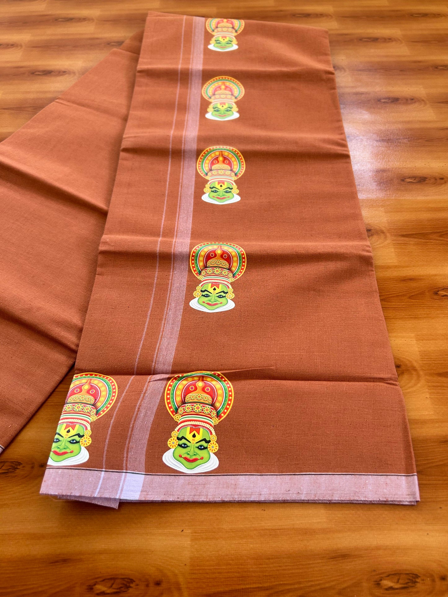 Single Kaily / Lungi- Kaitharikada - Pure Cotton - (40s) - Kathakali Printed Design 0.5 inch White Kara with Dark Kavi Colour Body (2 meter / 4 muzham) - 63 KK8062 GAN