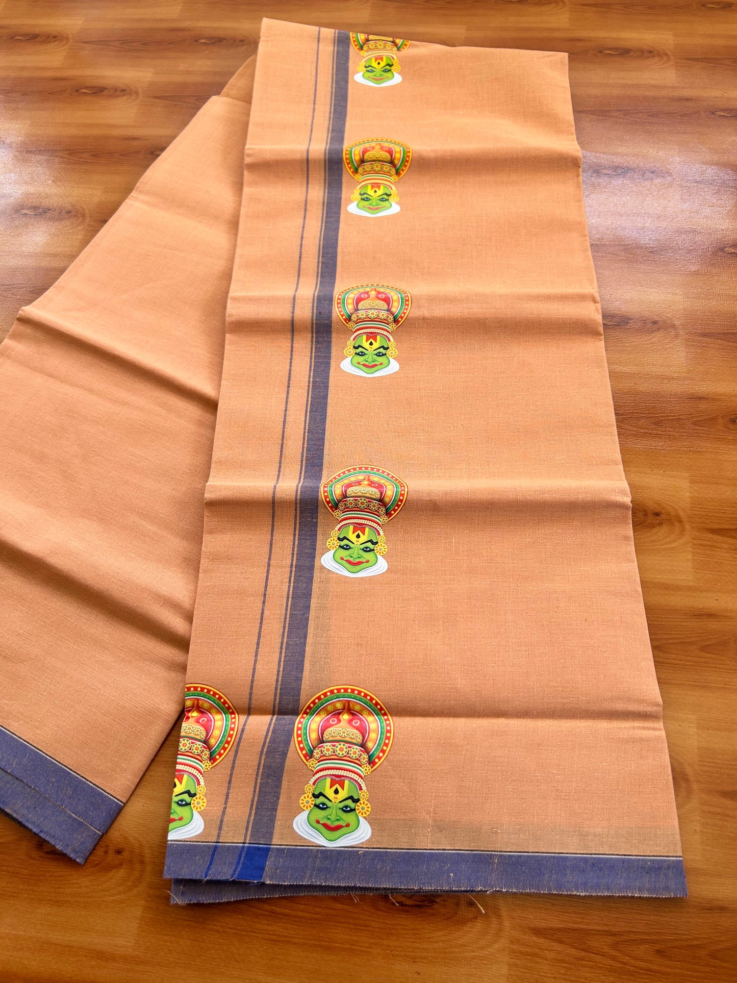 Single Kaily / Lungi- Kaitharikada - Pure Cotton - (40s) - Kathakali Printed Design 0.5 cm Blue Kara with Light Kavi Colour Body (2 meter / 4 muzham) - 56 KK8062 GAN