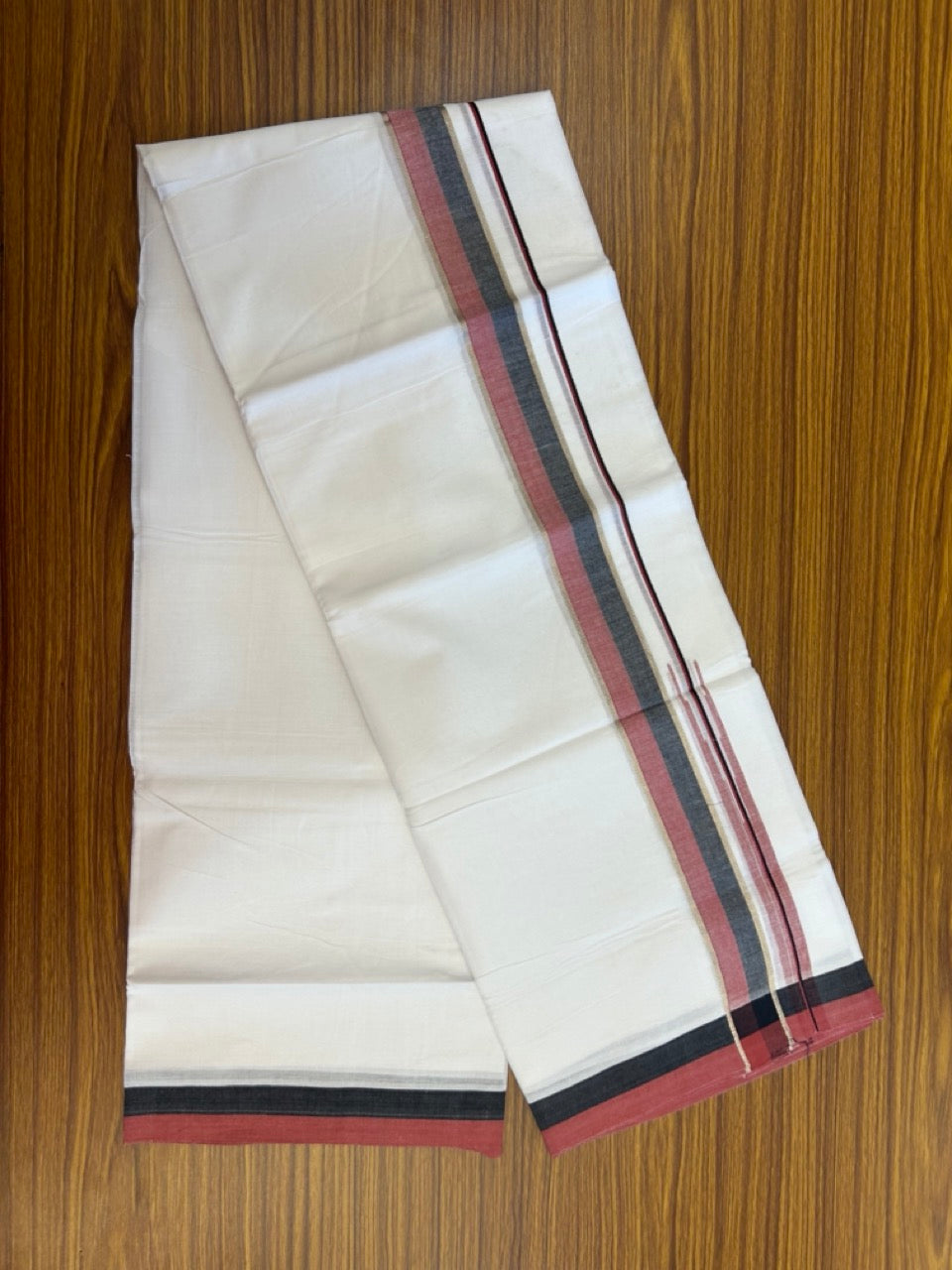 20% Discount ! Kaitharikada Balaramapuram 100% Pure Cotton Double Pure White Mundu/Dhoti - 100x80 - 1.5 inch Silver Kasav Black & Maroon Shaded Stripes Chutty Kara 3.90 mtr (8.5 muzham) - 39 KK5287 PMC