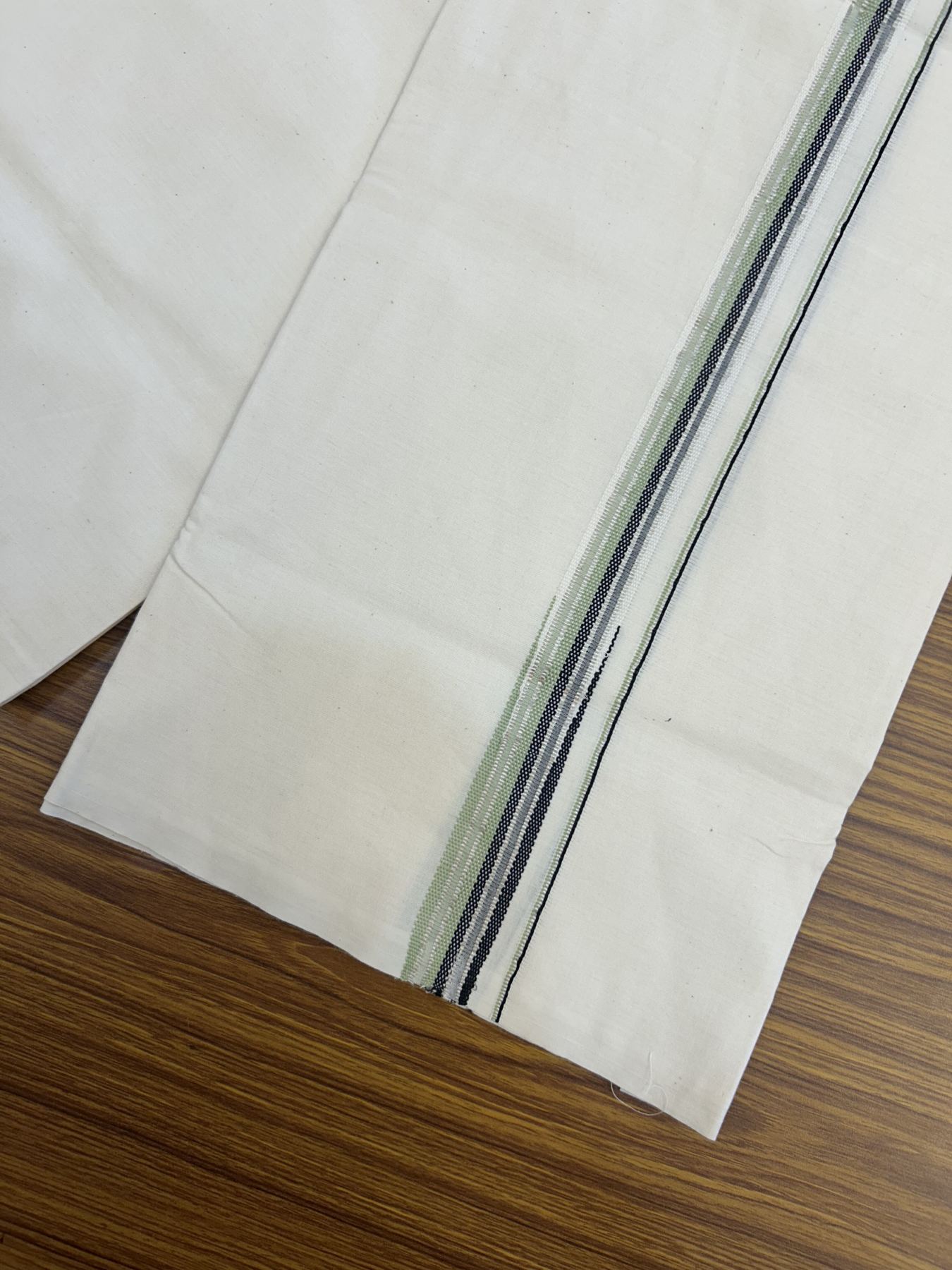20% Discount! KaithariKada 100% Cotton off white Single - (Unbleached) Mundu/Dhoti - 100X100 - 0.75 inch Puliyilakkara Silver Kasav Pista Green & Black Chutty kara - 5 KK5323 ASH
