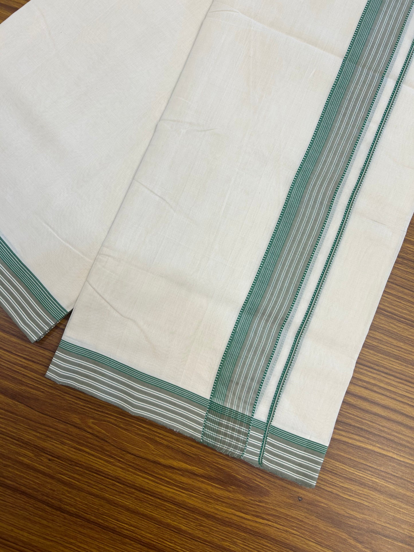 25% Discount!! KaithariKada Handloom Unakkupaav - Kerala Handloom - 100% Pure Cotton Off White - (Unbleached) Double Mundu/Dothi - 100x80 - 1.75 inch Green & Light Sage Green Striped Kara 4 mtr (8.5 muzham) - 52 KK5353 REA
