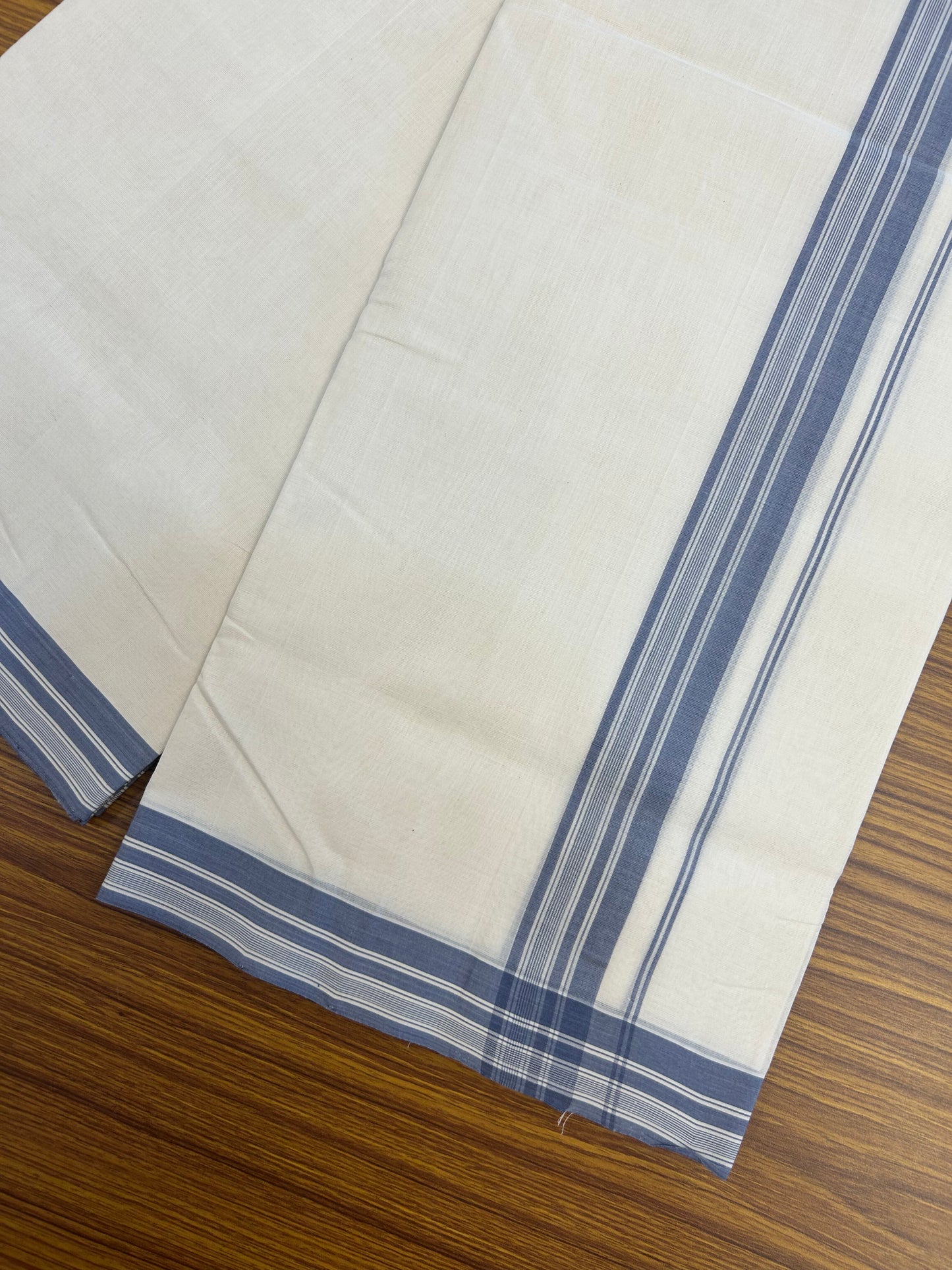25% Discount!! KaithariKada Handloom Unakkupaav - Kerala Handloom - 100% Pure Cotton Off White - (Unbleached) Double Mundu/Dothi - 100x80 - 1.5 inch Ash Blue Striped Kara 4 mtr (8.5 muzham) - 53 KK5353 REA