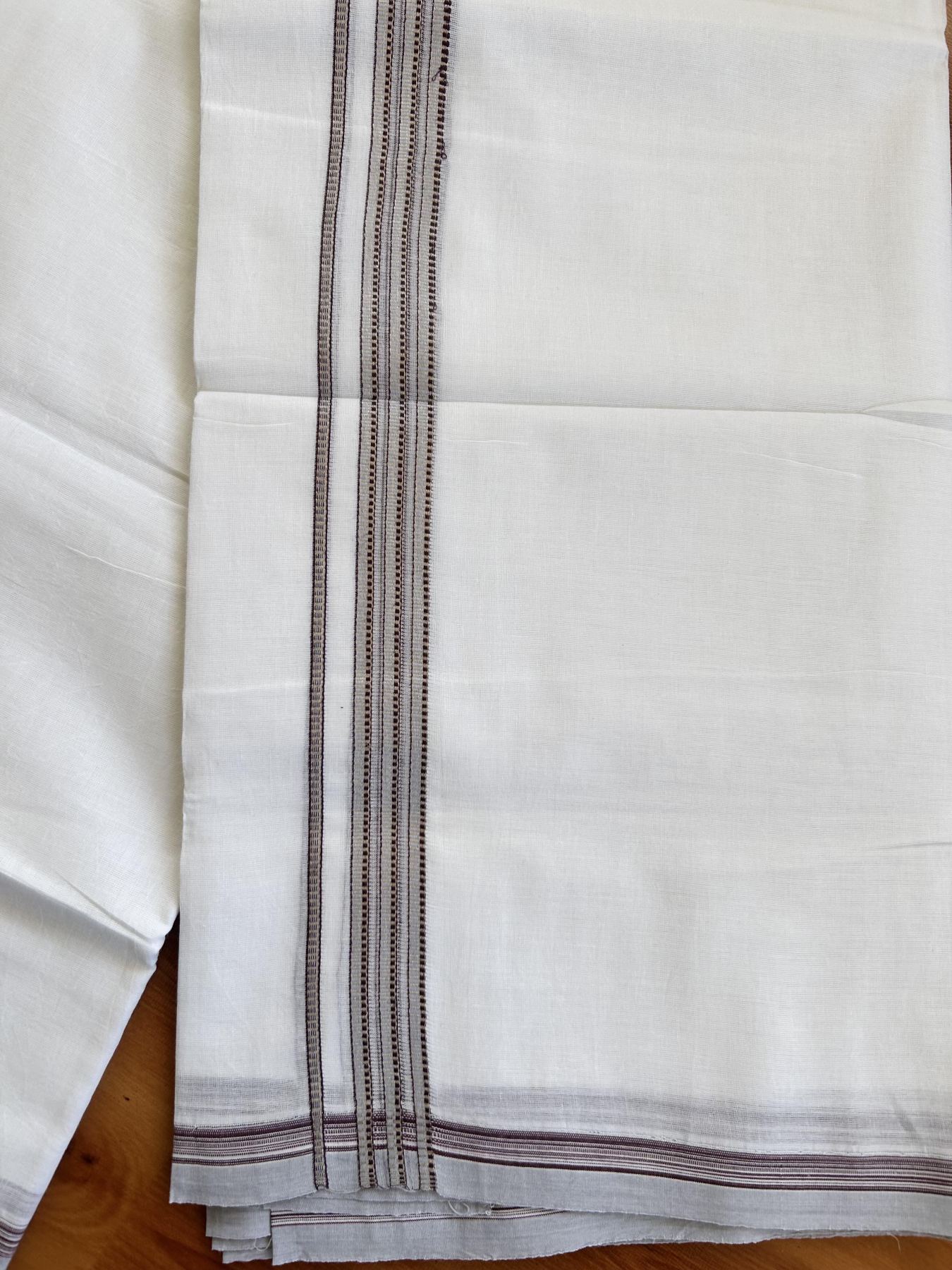 Double Pure White Mundu/Dothi - 20% Discount!! Kaitharikada Balaramapuram 100% Pure Cotton 100x100 - 1.25 inch Silver Kasav & Ash Blue & Wine Maroon Design Striped Kara - 3.90 m (8 muzham) - 17 KK5422 VAS