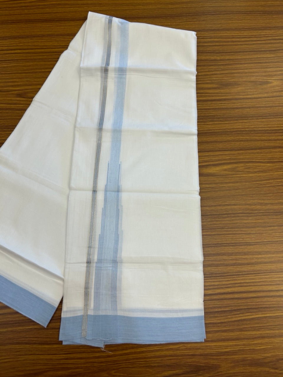 20% Discount ! Kaitharikada Balaramapuram 100% Pure Cotton Double Pure White Mundu/Dhoti - 100x80 - 1.5 inch Silver Kasav Light Blue striped temple chutty 3.90 mtr (8.5 muzham) - 43 KK5287 PMC