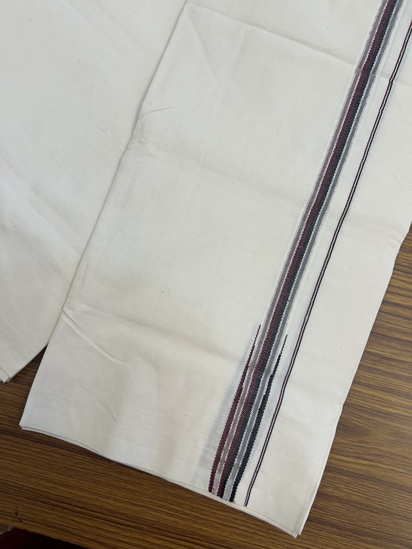 Dmk Veshti - 20% Discount! KaithariKada 100% Cotton off white Single - (Unbleached) Mundu/Dhoti - 100X100 - 0.5 inch Puliyilakkara Silver Kasav Black & Maroon Chutty kara - 4 KK5323 ASH