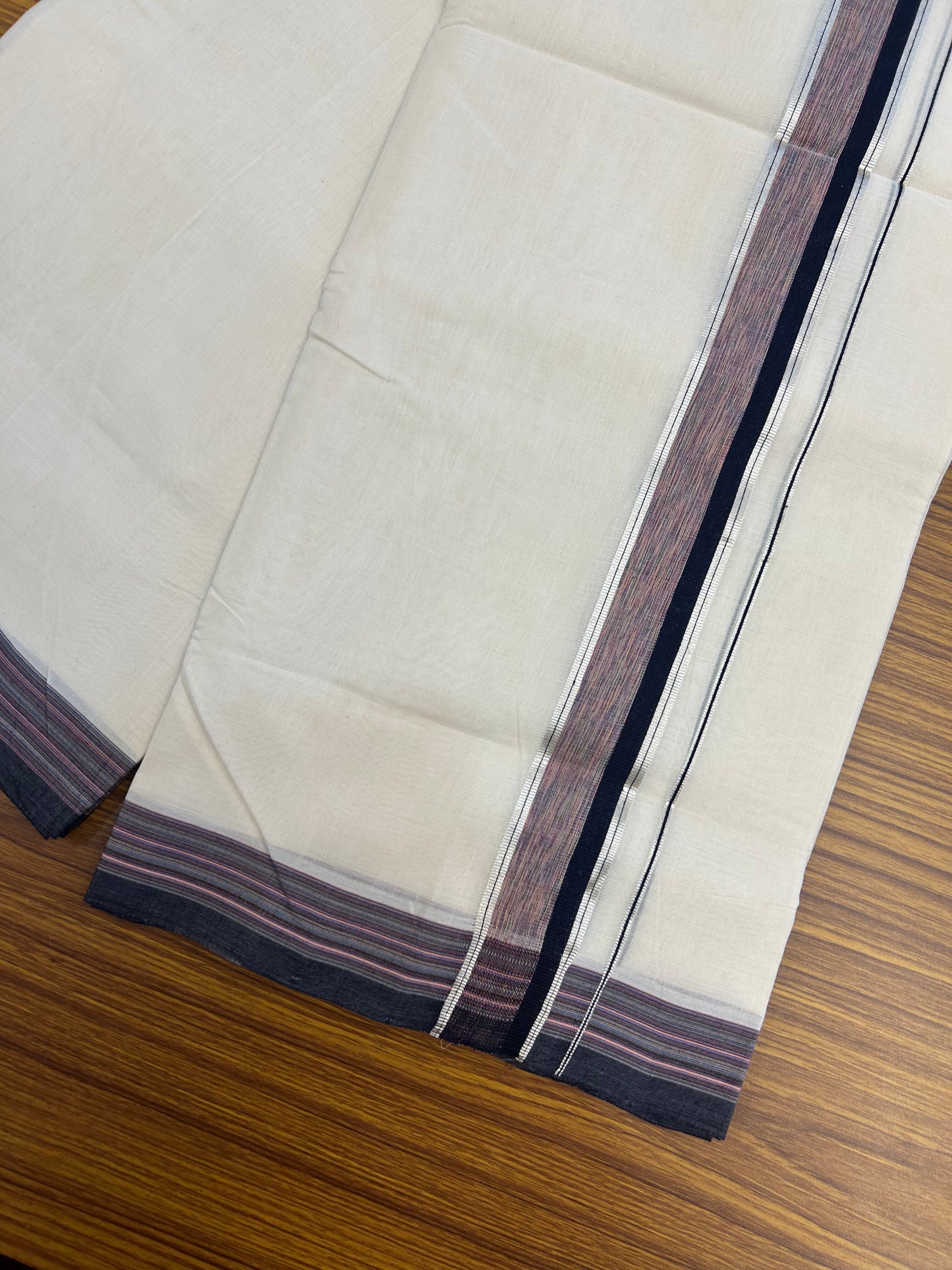 25% Discount!! KaithariKada Handloom Unakkupaav - Kerala Handloom - 100% Pure Cotton Off White - (Unbleached) Double Mundu/Dothi - 100x80 - 1.5 inch Silver Kasav Navy Blue & Multi Colour Shaded Kara 4 mtr (8.5 muzham) - 56 KK5353 REA