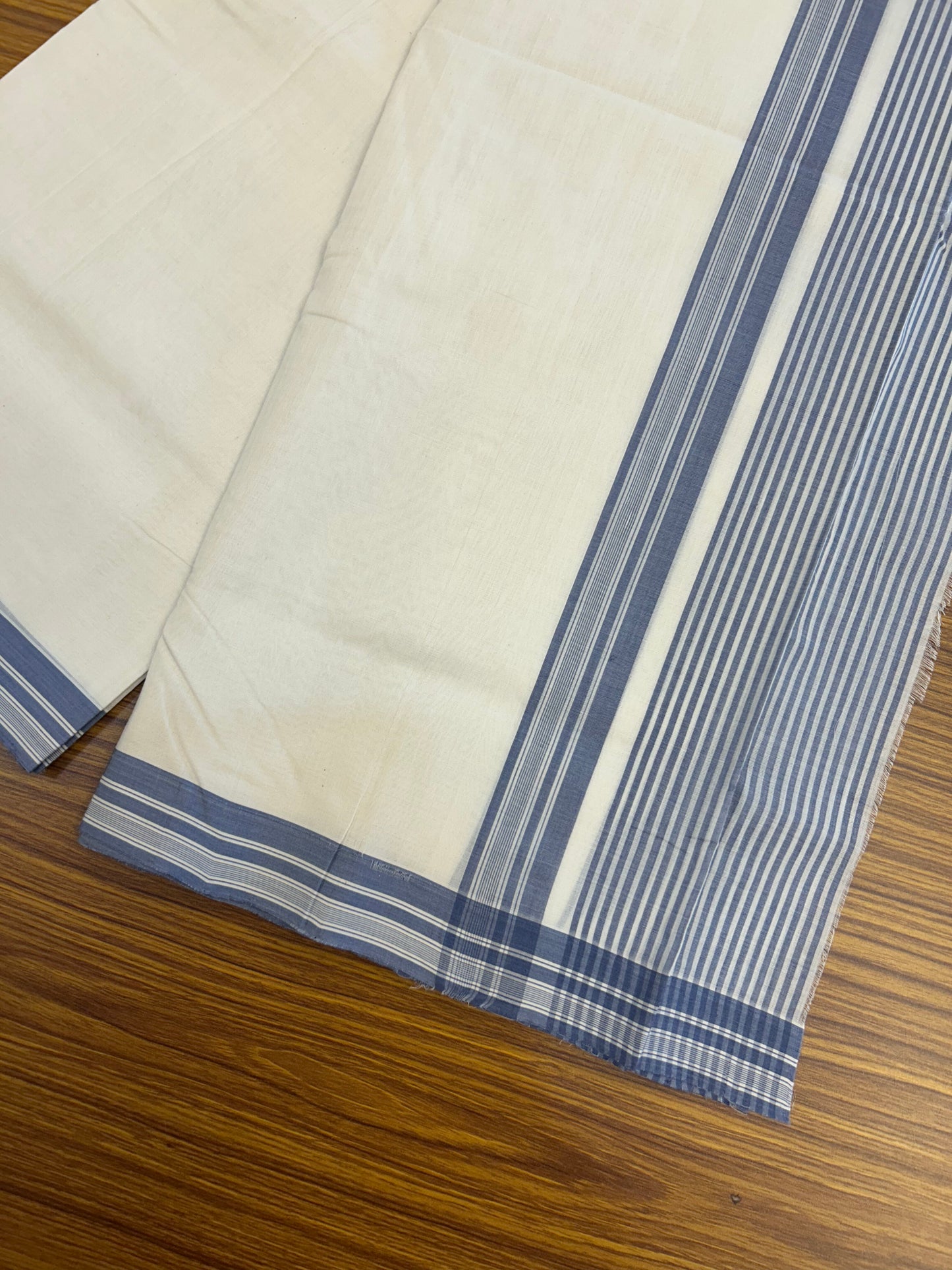25% Discount!! KaithariKada Handloom Unakkupaav - Kerala Handloom - 100% Pure Cotton Off White - (Unbleached) Double Mundu/Dothi - 100x80 - 6.25 inch Ash Blue Side Striped Kara 4 mtr (8.5 muzham) - 57 KK5353 REA