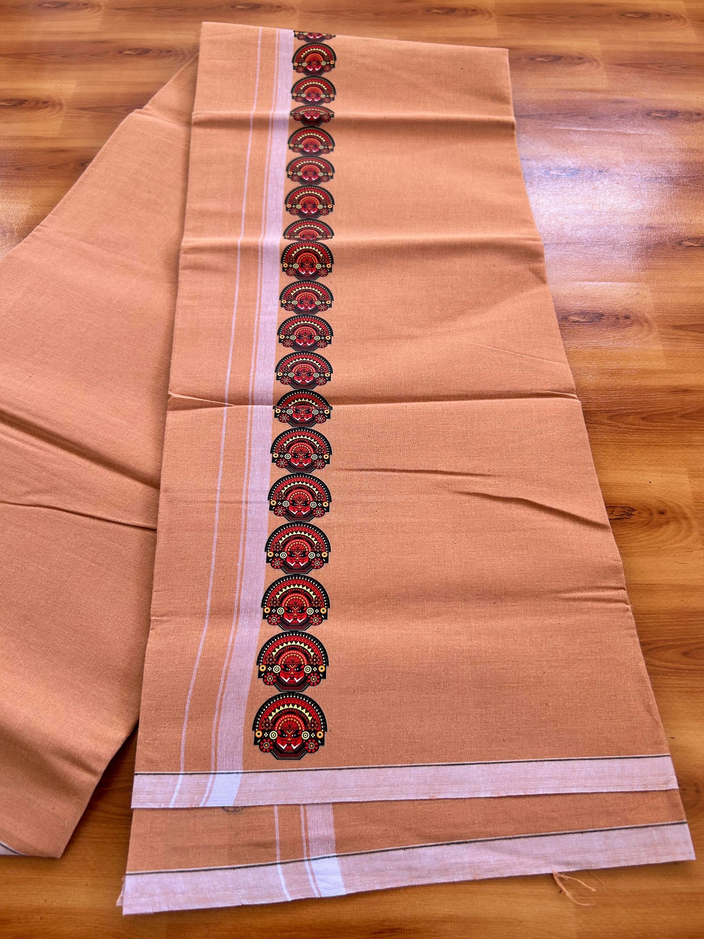 Single Kaily / Lungi- Kaitharikada - Pure Cotton - (40s) - Theyyam Printed Design 0.5 inch White Kara with Light Kavi Colour Body (2 meter / 4 muzham) - 65 KK8062 GAN
