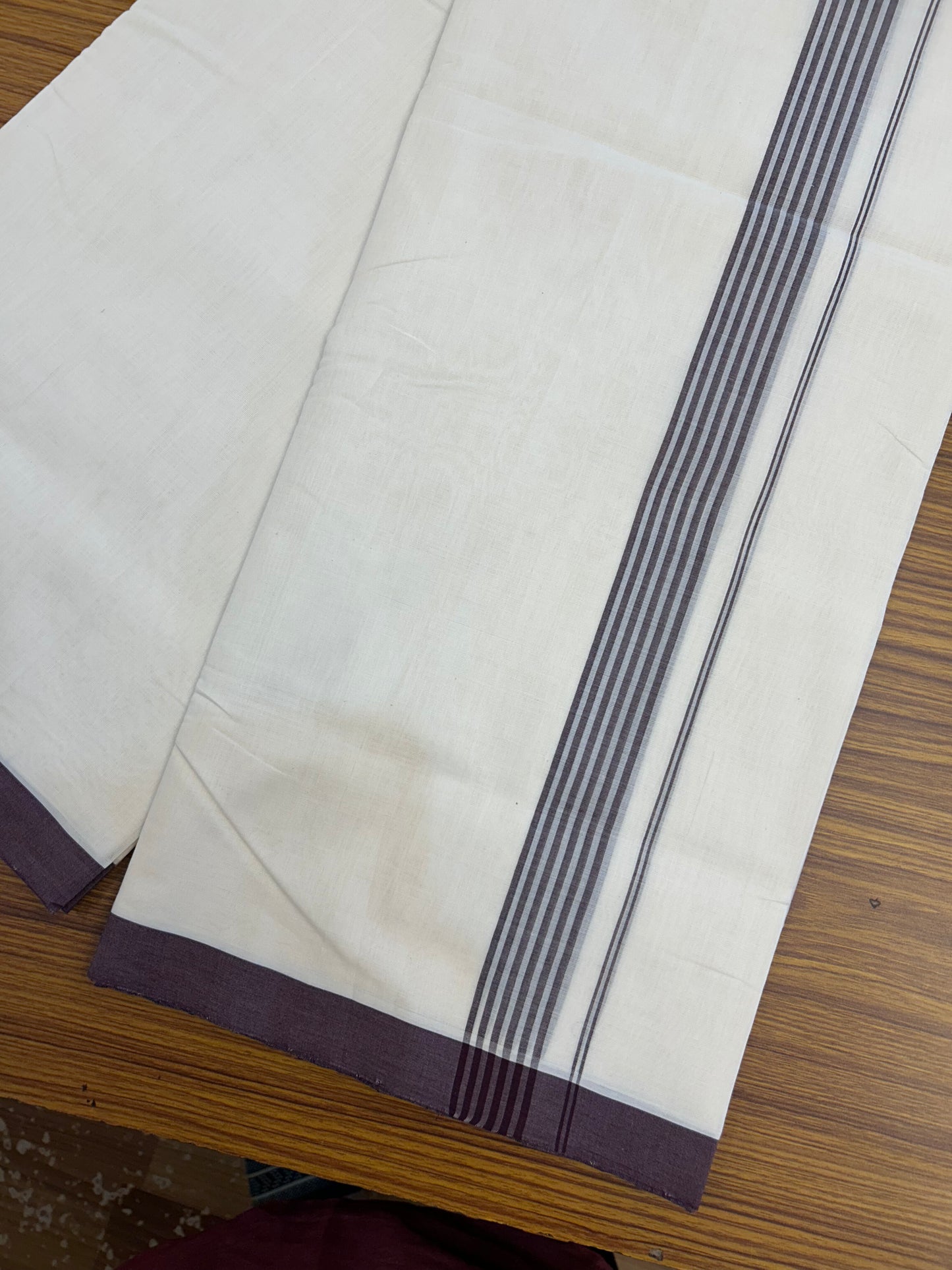 25% Discount!! KaithariKada Handloom Unakkupaav - Kerala Handloom - 100% Pure Cotton Off White - (Unbleached) Double Mundu/Dothi - 100x80 - 1.25 inch Wine Purple Striped Kara 4 mtr (8.5 muzham) - 58 KK5353 REA