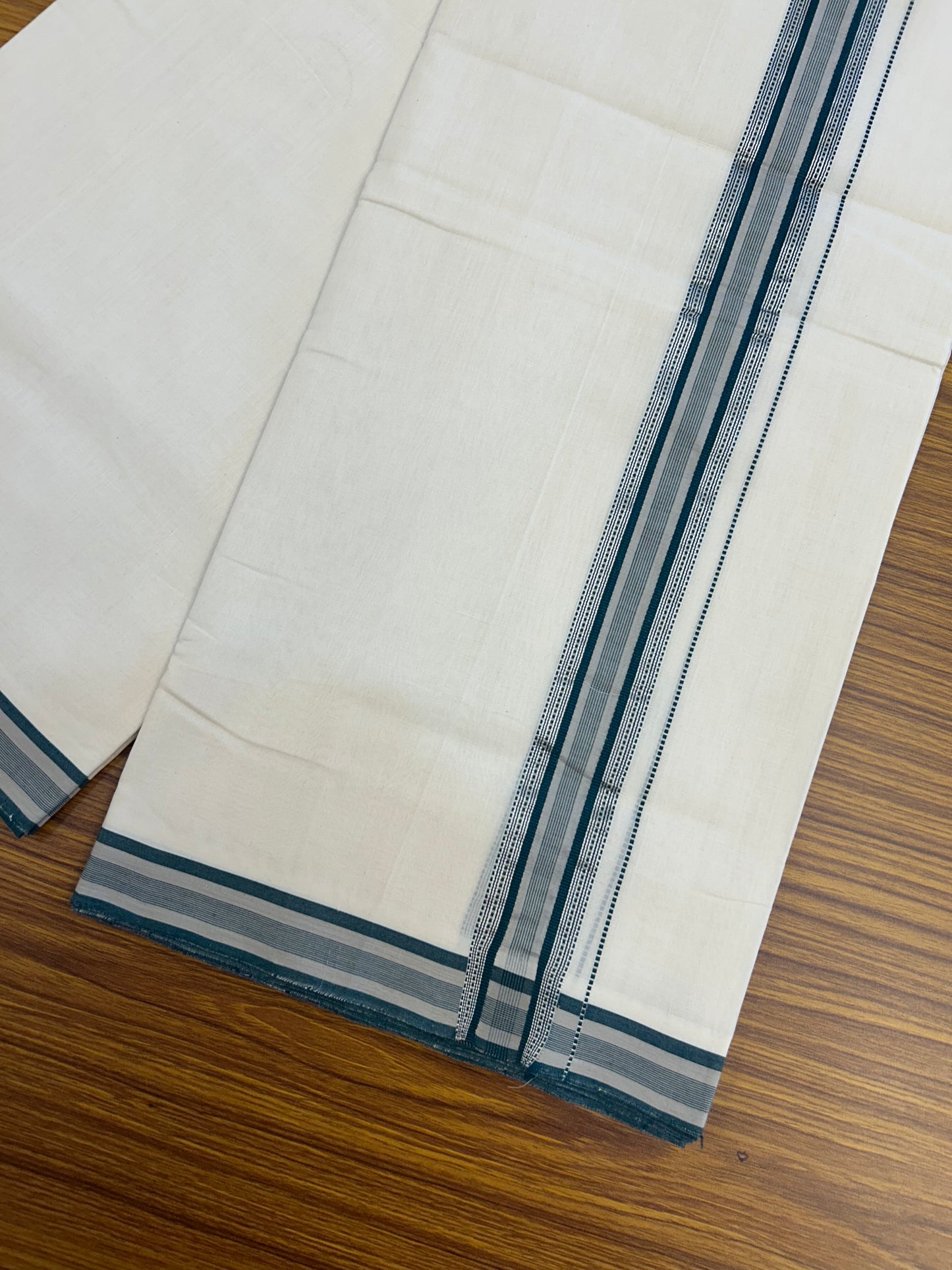 25% Discount!! KaithariKada Handloom Unakkupaav - Kerala Handloom - 100% Pure Cotton Off White - (Unbleached) Double Mundu/Dothi - 100x80 - 1.5 inch Silver Kasav Beige & Green Striped Kara 4 mtr (8.5 muzham) - 59 KK5353 REA