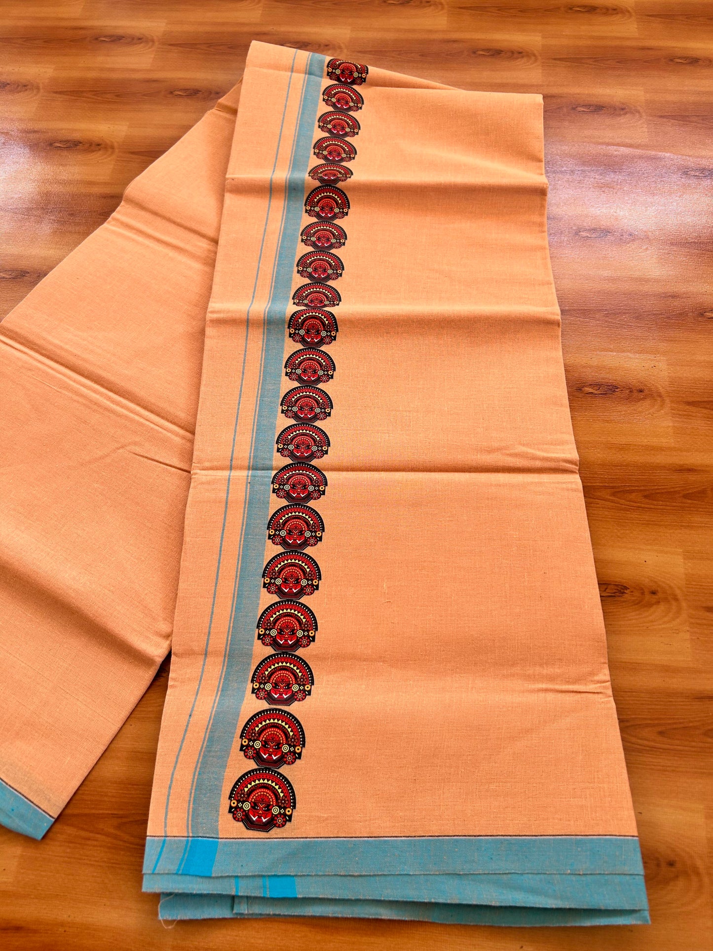 Single Kaily / Lungi- Kaitharikada - Pure Cotton - (40s) - Theyyam Printed Design 0.5 inch Light Blue Kara with Light Kavi Colour Body (2 meter / 4 muzham) - 67 KK8062 GAN