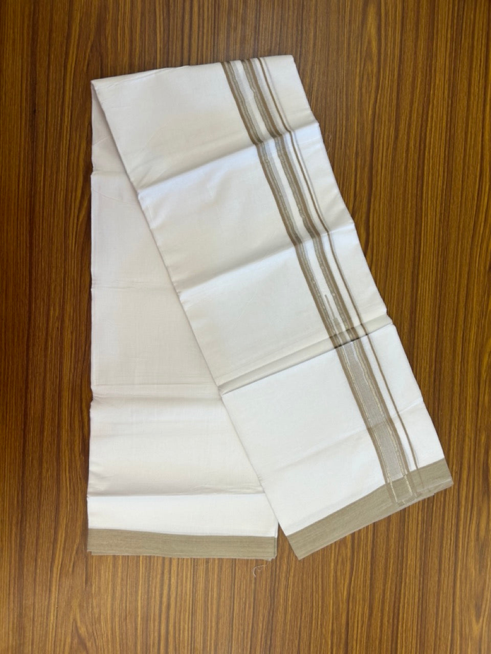 20% Discount ! Kaitharikada Balaramapuram 100% Pure Cotton Double Pure White Mundu/Dhoti - 100x80 - 1.5 inch Silver Kasav Light Brown shaded striped temple chutty 3.90 mtr (8.5 muzham) - 68 KK5287 PMC