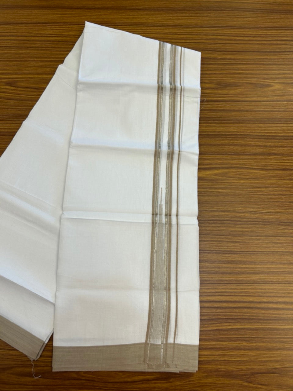20% Discount ! Kaitharikada Balaramapuram 100% Pure Cotton Double Pure White Mundu/Dhoti - 100x80 - 1.5 inch Silver Kasav Light Brown shaded striped temple chutty 3.90 mtr (8.5 muzham) - 68 KK5287 PMC