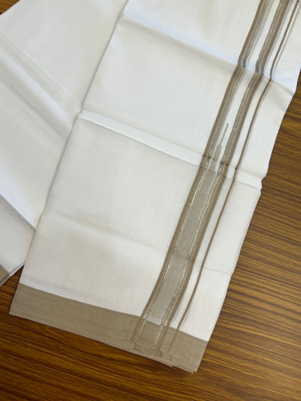 20% Discount ! Kaitharikada Balaramapuram 100% Pure Cotton Double Pure White Mundu/Dhoti - 100x80 - 1.5 inch Silver Kasav Light Brown shaded striped temple chutty 3.90 mtr (8.5 muzham) - 68 KK5287 PMC
