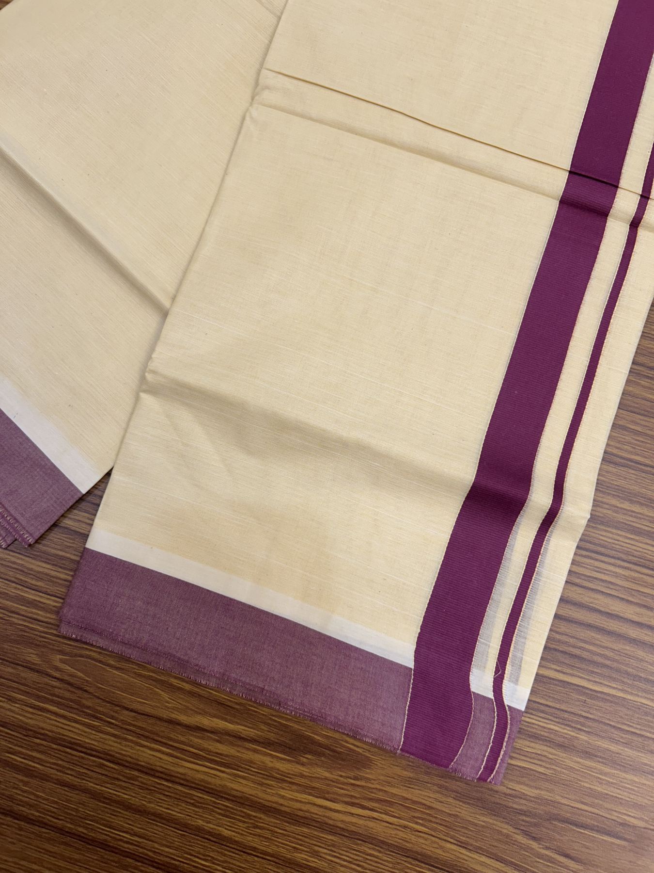 Kannur Kavi - 20% Discount! KaithariKada Balaramapuram Double Mundu/Dhoti - Pure Cotton - 100x80 - Kannur Yellow colour Body 1 Inch Wine Purple kara - 4 mtr - 5 KK5322 GAN