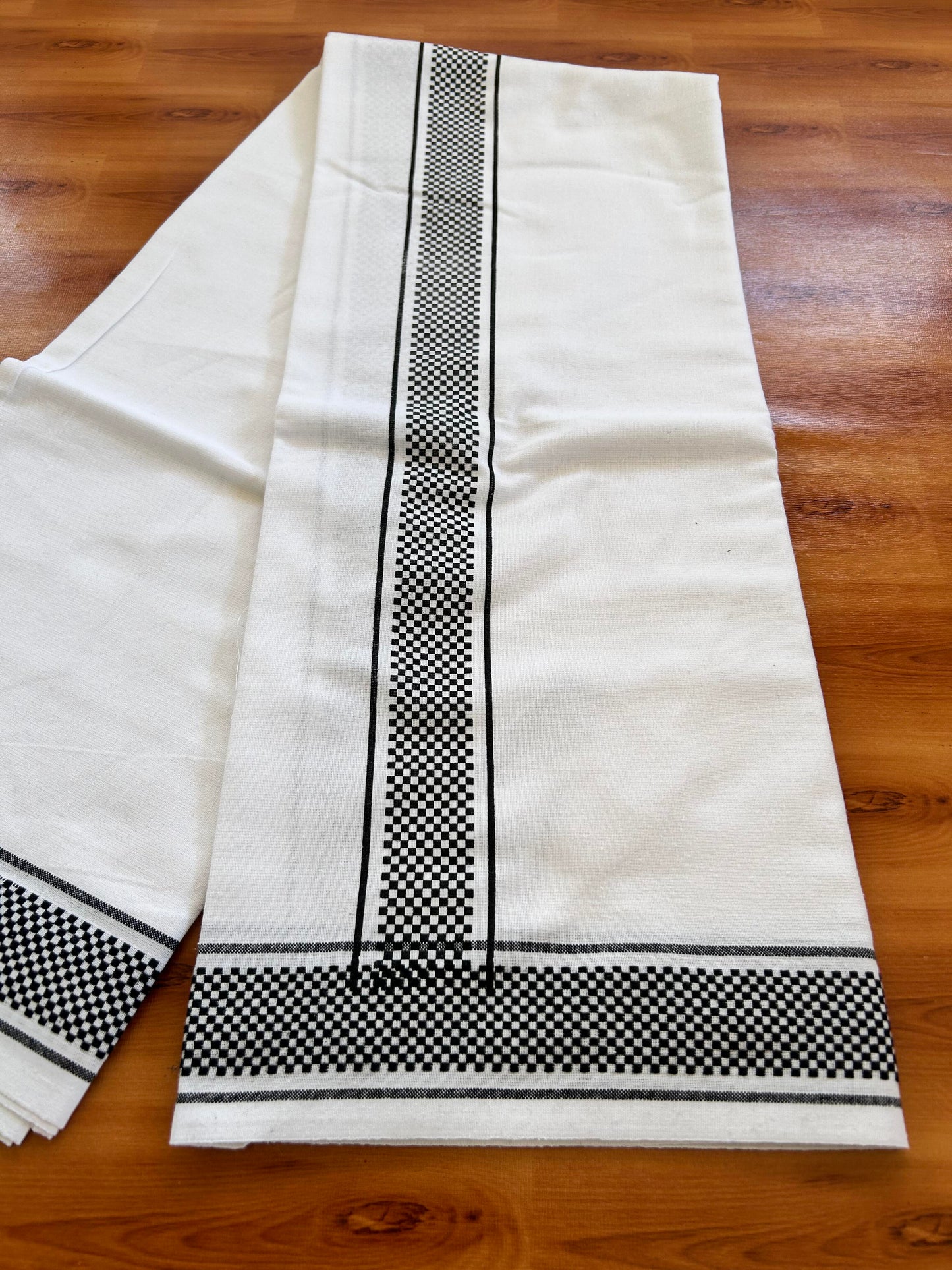 Kaitharikada - Single Kaily / Lungi - Mixed Cotton - 40s twisted - 2 inch Black Check Printed Design Kara with White colour body (2 meter / 4 muzham) - 46 KK8062 GAN