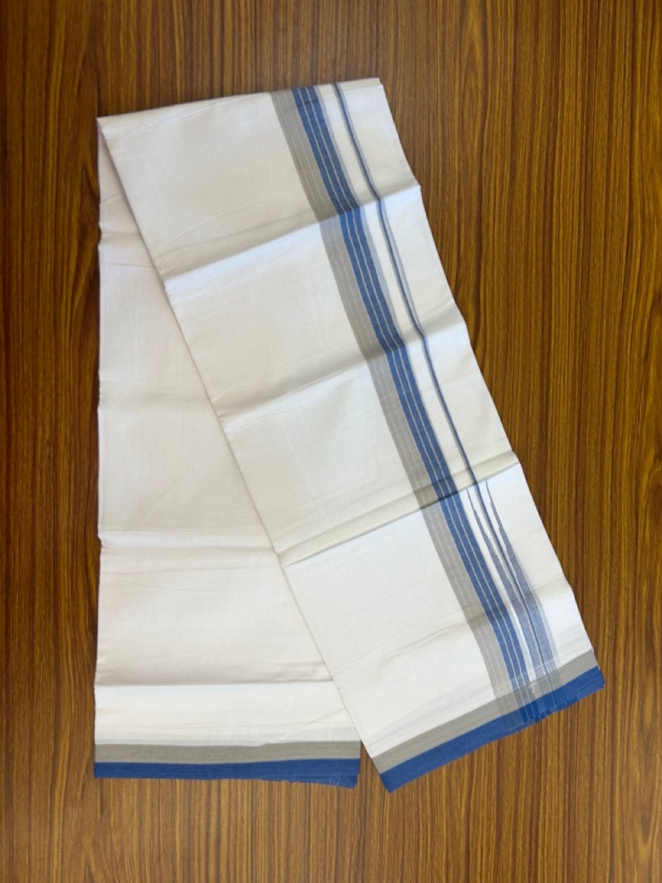 20% Discount ! Kaitharikada Balaramapuram 100% Pure Cotton Double Pure White Mundu/Dhoti - 100x80 - 1.5 inch Silver Kasav Blue & Ash Grey striped chutty 3.90 mtr (8.5 muzham) - 85 KK5287 PMC