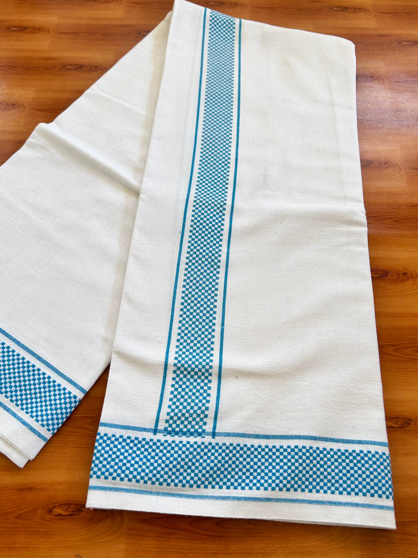 Kaitharikada - Single Kaily / Lungi - Mixed Cotton - 40s twisted - 2 inch Sky Blue Check Printed Design Kara with White colour body (2 meter / 4 muzham) - 47 KK8062 GAN