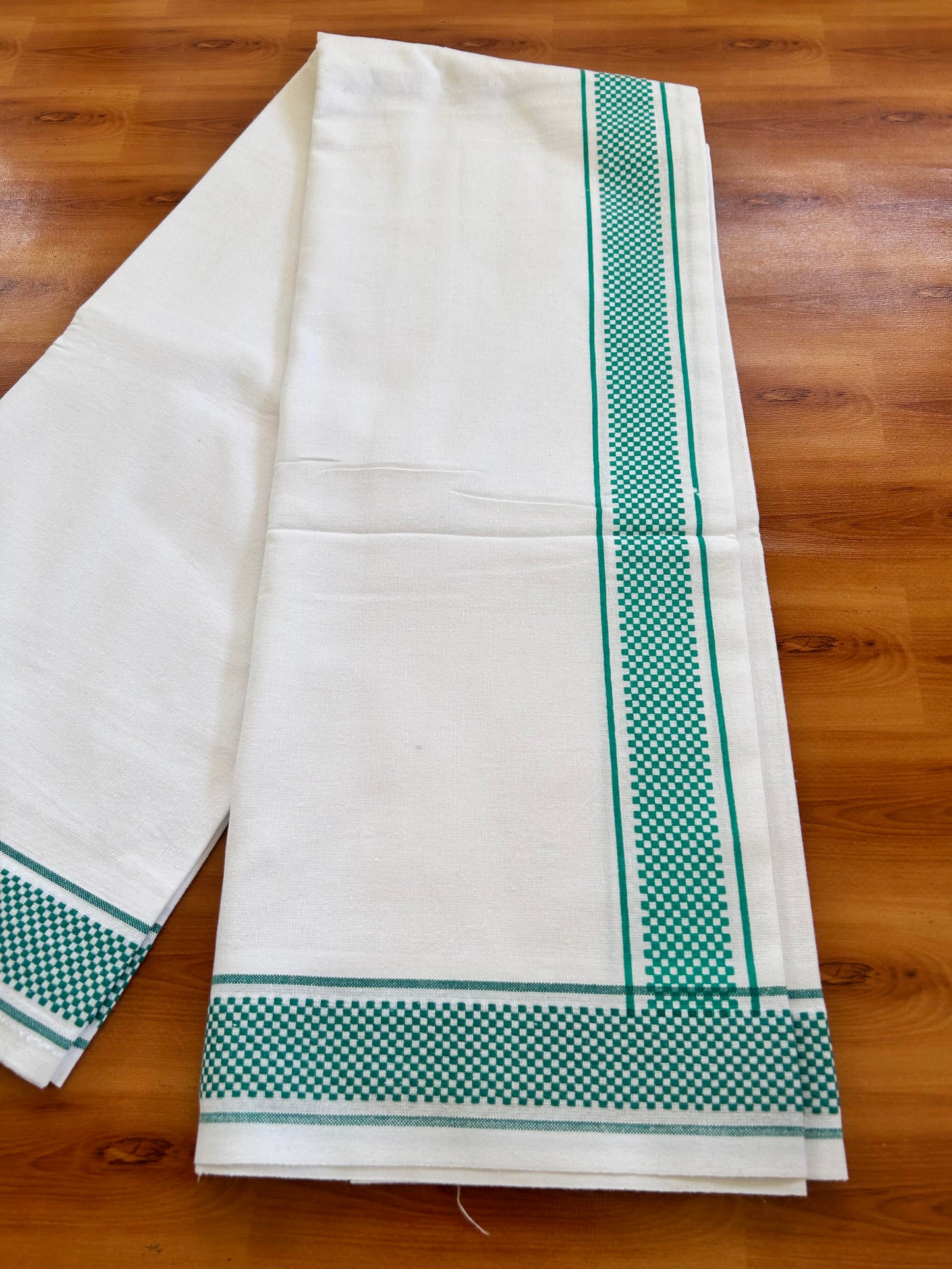 Kaitharikada - Single Kaily / Lungi - Mixed Cotton - 40s twisted - 2 inch Turquoise Blue Check Printed Design Kara with White colour body (2 meter / 4 muzham) - 44 KK8062 GAN