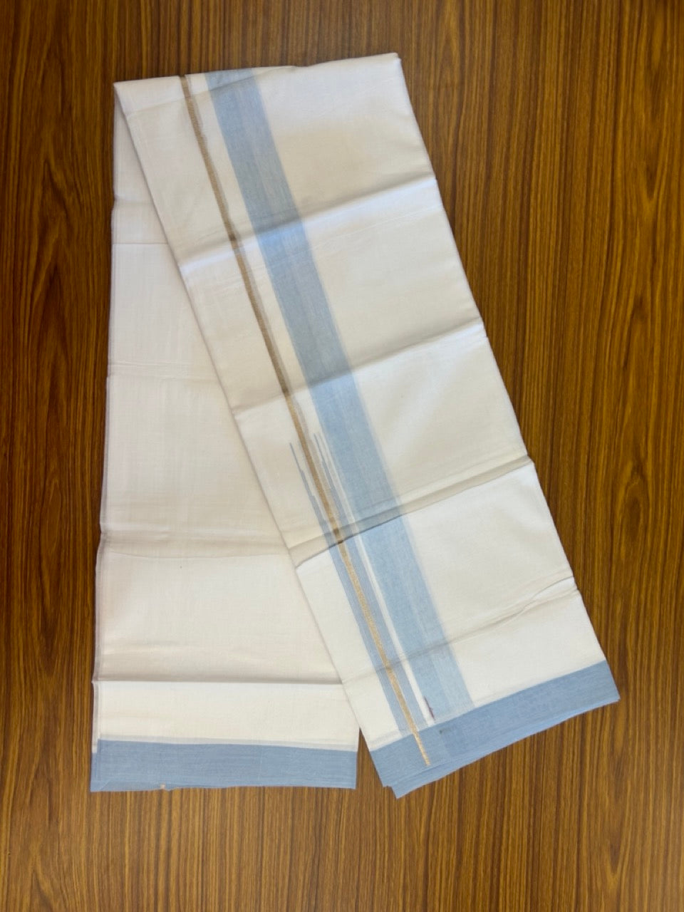 20% Discount ! Kaitharikada Balaramapuram 100% Pure Cotton Double Pure White Mundu/Dhoti - 100x80 - 1.5 inch Silver Kasav Light Blue shaded striped chutty 3.90 mtr (8.5 muzham) - 49 KK5287 PMC