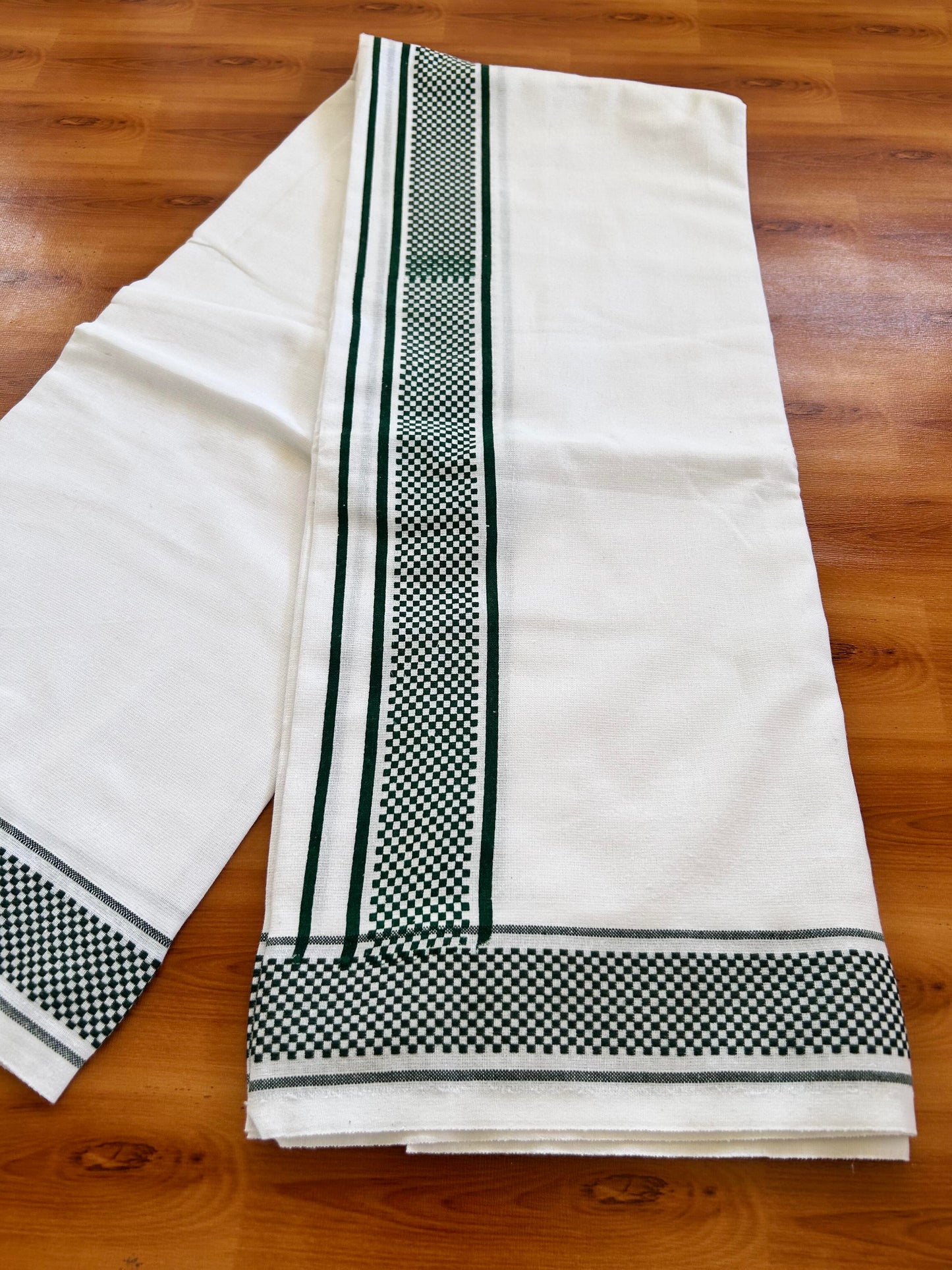 Kaitharikada - Single Kaily / Lungi - Mixed Cotton - 40s twisted - 2 inch Dark Green Check Printed Design Kara with White colour body (2 meter / 4 muzham) - 43 KK8062 GAN