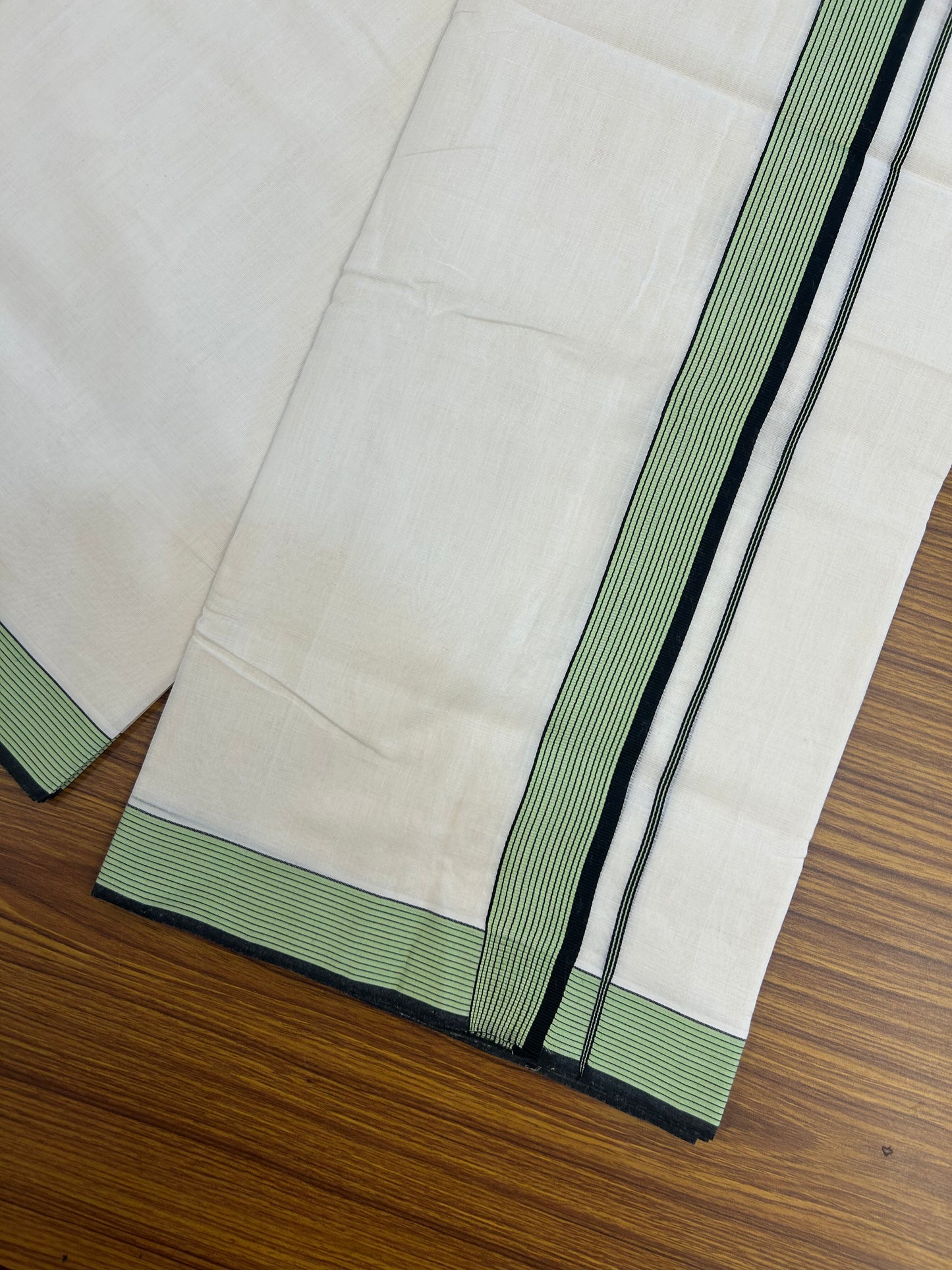 25% Discount!! KaithariKada Handloom Unakkupaav - Kerala Handloom - 100% Pure Cotton Off White - (Unbleached) Double Mundu/Dothi - 100x80 - 1.5 inch Black & Light Green Kara 4 mtr (8.5 muzham) - 65 KK5353 REA