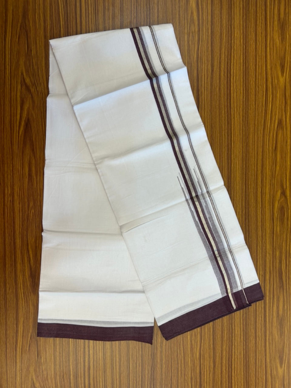 20% Discount ! Kaitharikada Balaramapuram 100% Pure Cotton Double Pure White Mundu/Dhoti - 100x80 - 1.5 inch Silver Kasav Dark Purple striped chutty 3.90 mtr (8.5 muzham) - 87 KK5287 PMC