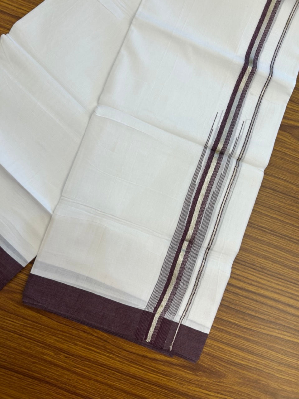 20% Discount ! Kaitharikada Balaramapuram 100% Pure Cotton Double Pure White Mundu/Dhoti - 100x80 - 1.5 inch Silver Kasav Dark Purple striped chutty 3.90 mtr (8.5 muzham) - 87 KK5287 PMC