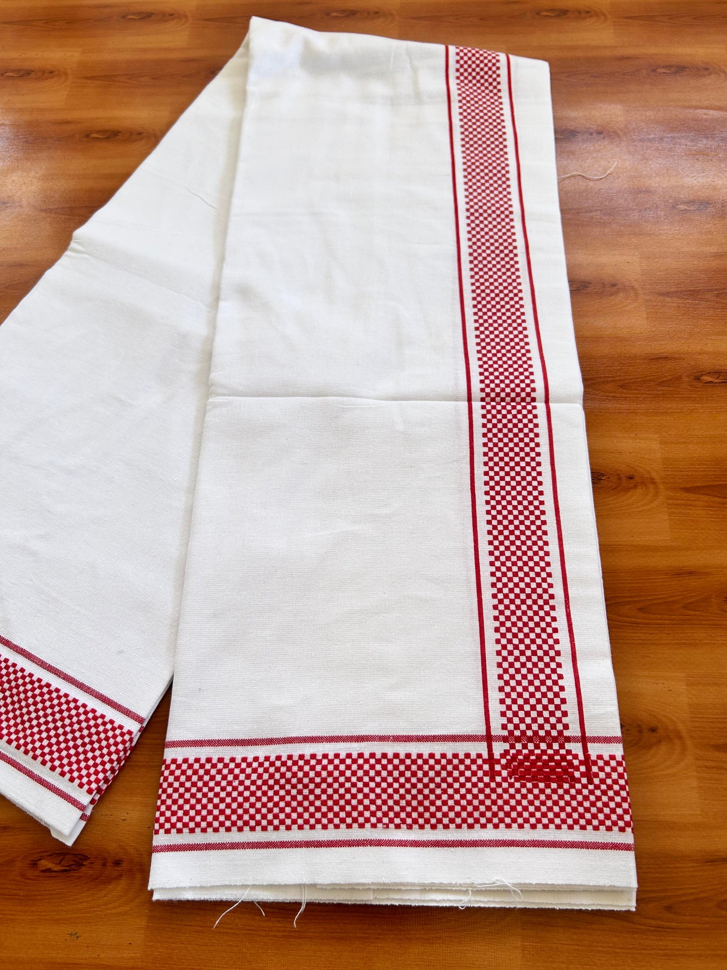 Kaitharikada - Single Kaily / Lungi - Mixed Cotton - 40s twisted - 2 inch Red Check Printed Design Kara with White colour body (2 meter / 4 muzham) - 41 KK8062 GAN