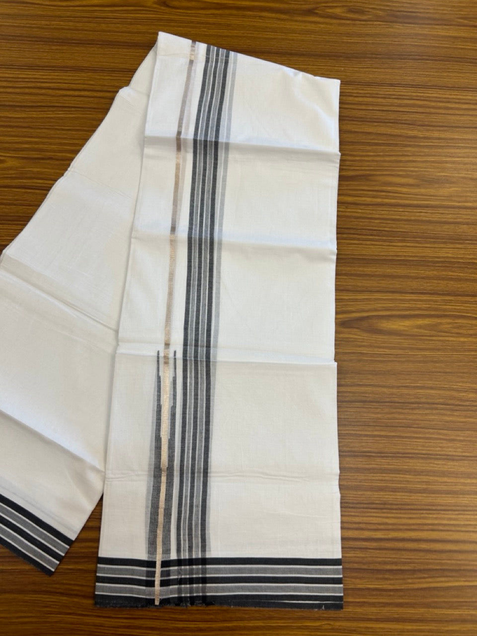 20% Discount ! Kaitharikada Balaramapuram 100% Pure Cotton Double Pure White Mundu/Dhoti - 100x80 - 1.25 inch Silver Kasav Black shaded striped chutty 3.90 mtr (8.5 muzham) - 65 KK5287 PMC