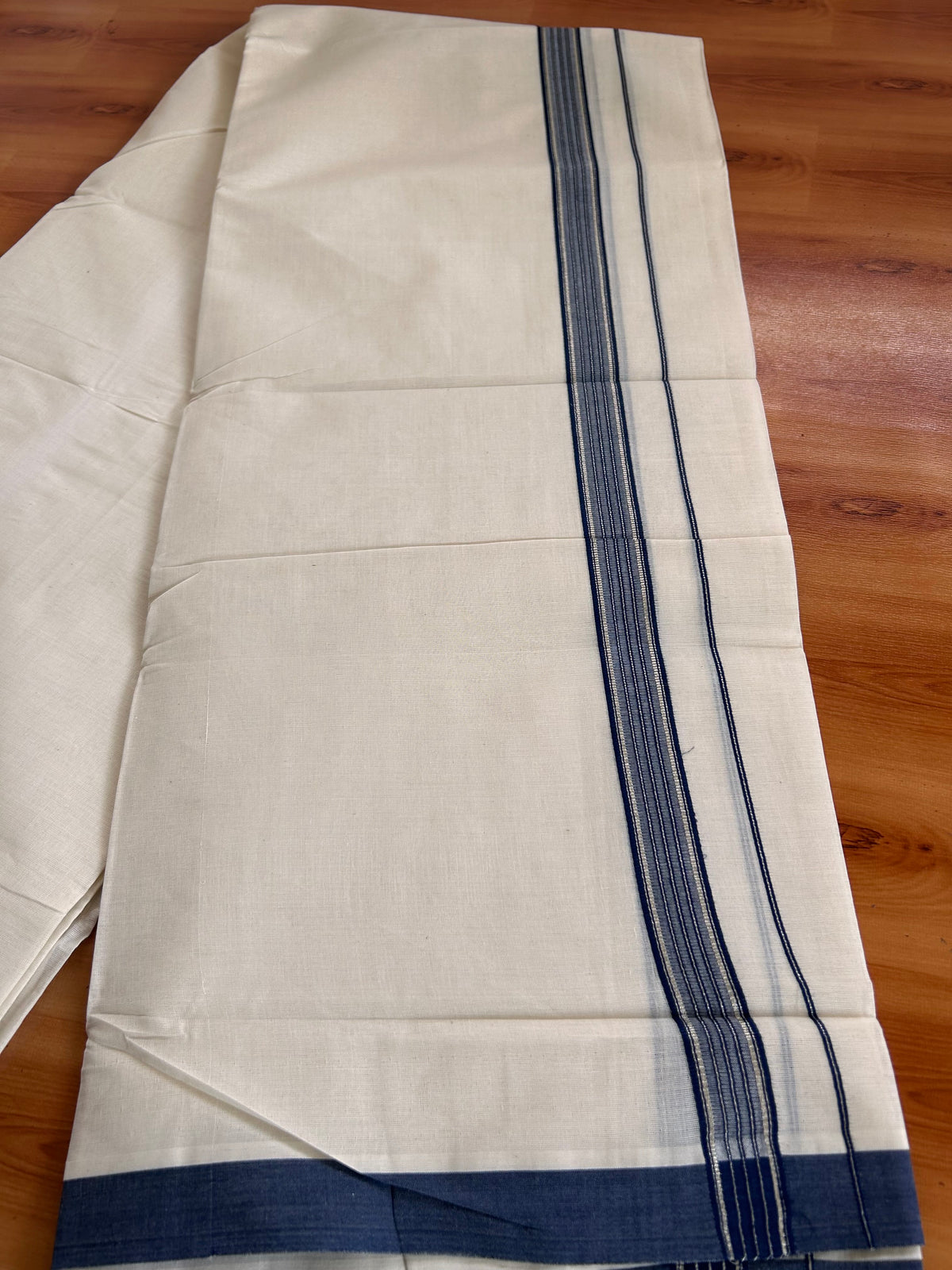 Double Off White (Unbleached) Mundu/Dhoti - 20% Discount! Kaitharikada 100% Pure Cotton - 100x80 - 1 inch Silver Kasav & Navy Blue striped shaded Kara 4 mtr (8.5 muzham) - 6 KK5540 PMC