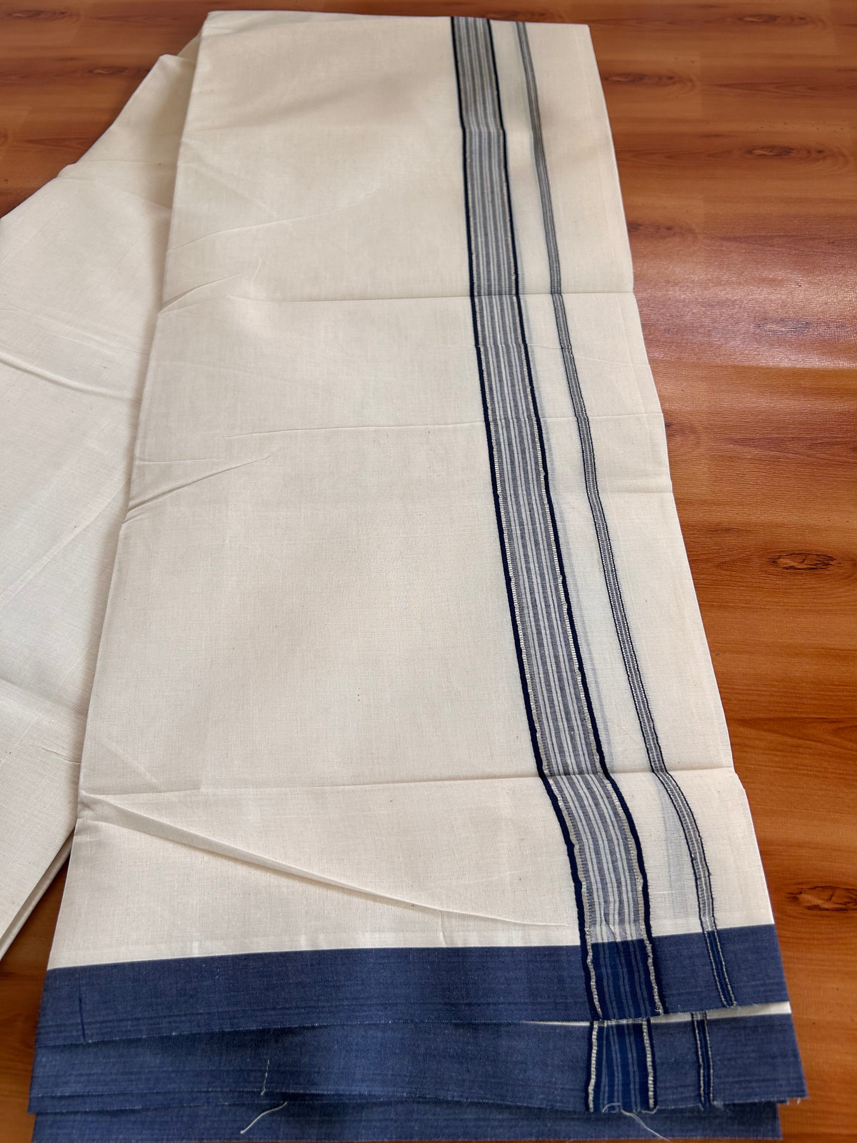 Double Off White (Unbleached) Mundu/Dhoti - 20% Discount! Kaitharikada 100% Pure Cotton - 100x80 - 1 inch Silver Kasav & Navy Blue striped shaded Kara 4 mtr (8.5 muzham) - 7 KK5540 PMC