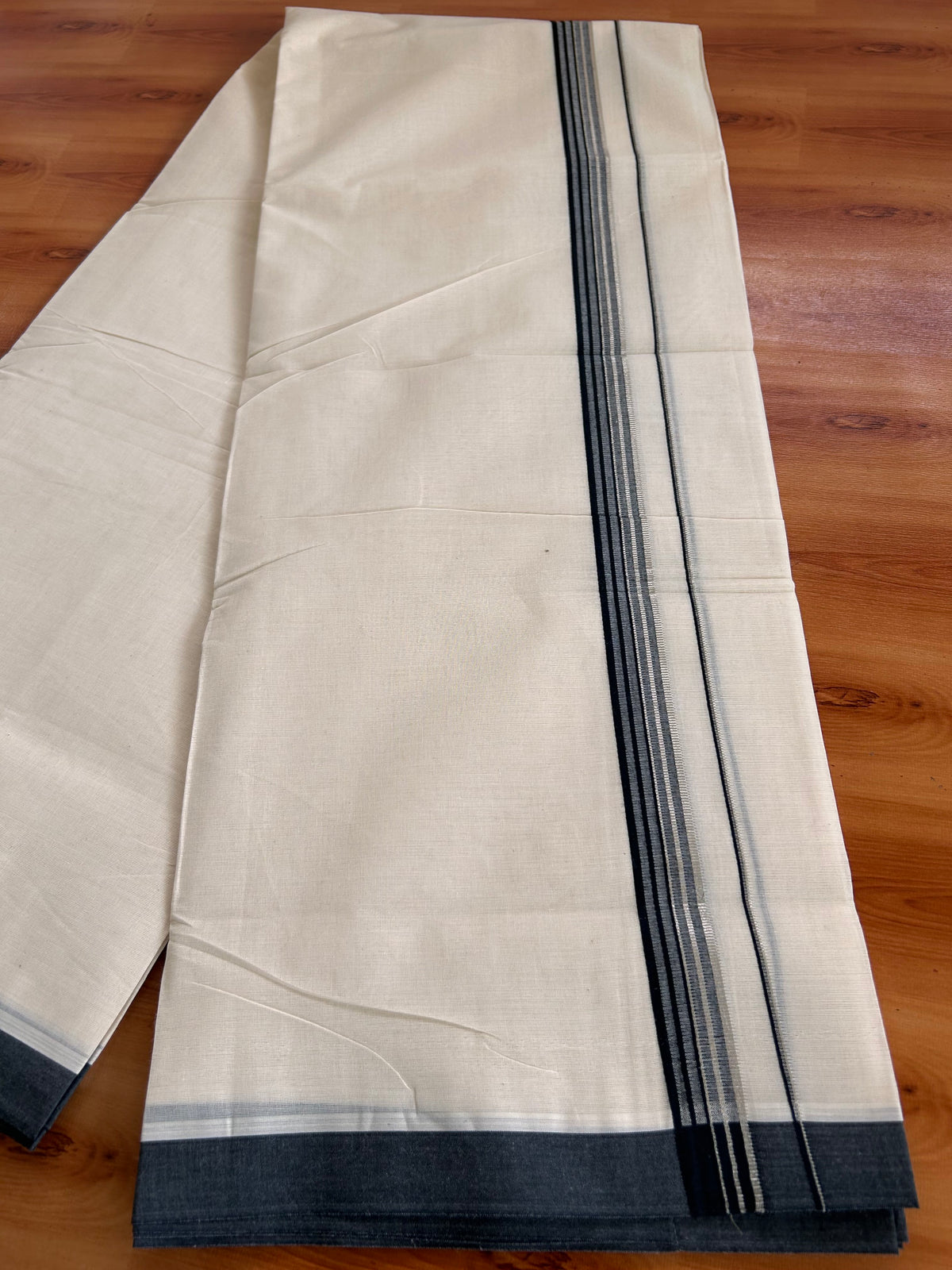 Double Off White (Unbleached) Mundu/Dhoti - 20% Discount! Kaitharikada 100% Pure Cotton - 100x80 - 1 inch Silver Kasav & Black striped shaded Kara 4 mtr (8.5 muzham) - 10 KK5540 PMC