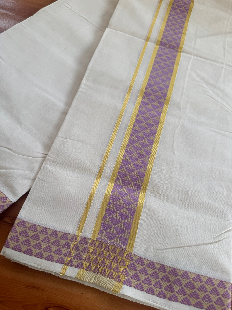25% Discount ! Kaitharikada Handloom Unakkupaav - Kerala Handloom - 100% Pure Cotton Off White - (Unbleached) Double Mundu/Dhoti - 100x80 - 2 inch Gold Kasav & Lavender Jacquard Design Kara 4 mtr (8.5 Muzham) - 6 KK5503 SOM