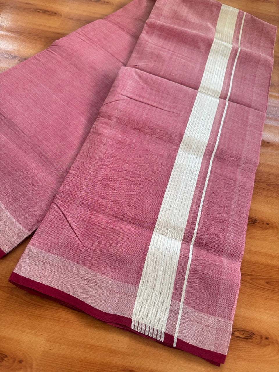 Double Mundu/Dhoti - KaithariKada Handloom Unakkupaav - 25% Discount! Kerala Handloom - Pure Cotton - 100x80 - Maroon Shaded Colour Body - 1.5 inch Silver Kasav Striped Kara - 11 KK5503 SOM