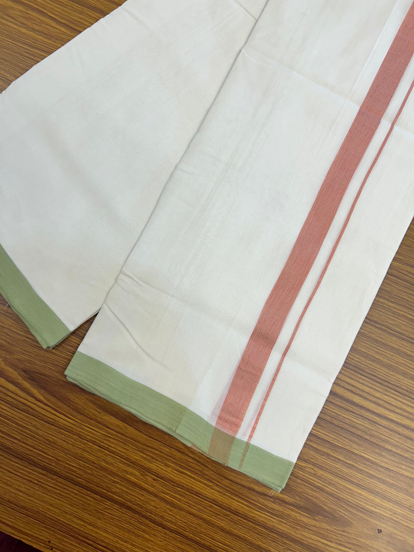 25% Discount!! KaithariKada Handloom Unakkupaav - Kerala Handloom - 100% Pure Cotton Off White (Unbleached) Double Mundu/Dothi - 100x80 - 1 inch Parrot Green & Orange shaded Kara 3.80 mtr (8 muzham) - 30 KK5353 REA