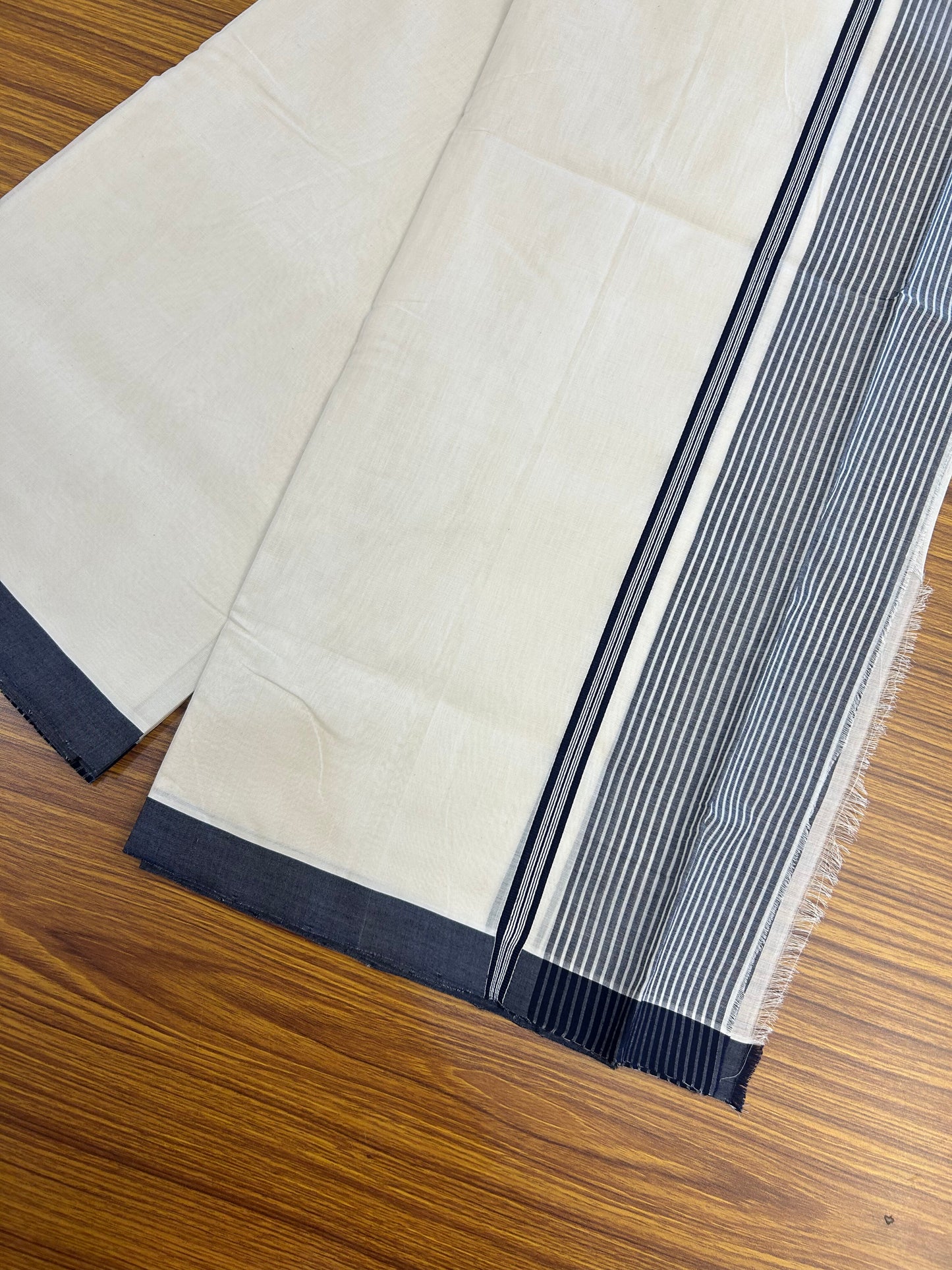25% Discount!! KaithariKada Handloom Unakkupaav - Kerala Handloom - 100% Pure Cotton Off White (Unbleached) Double Mundu/Dothi - 100x80 - 4 inch Navy Blue Stripes Kara 3.80 mtr (8 muzham) - 19 KK5353 REA