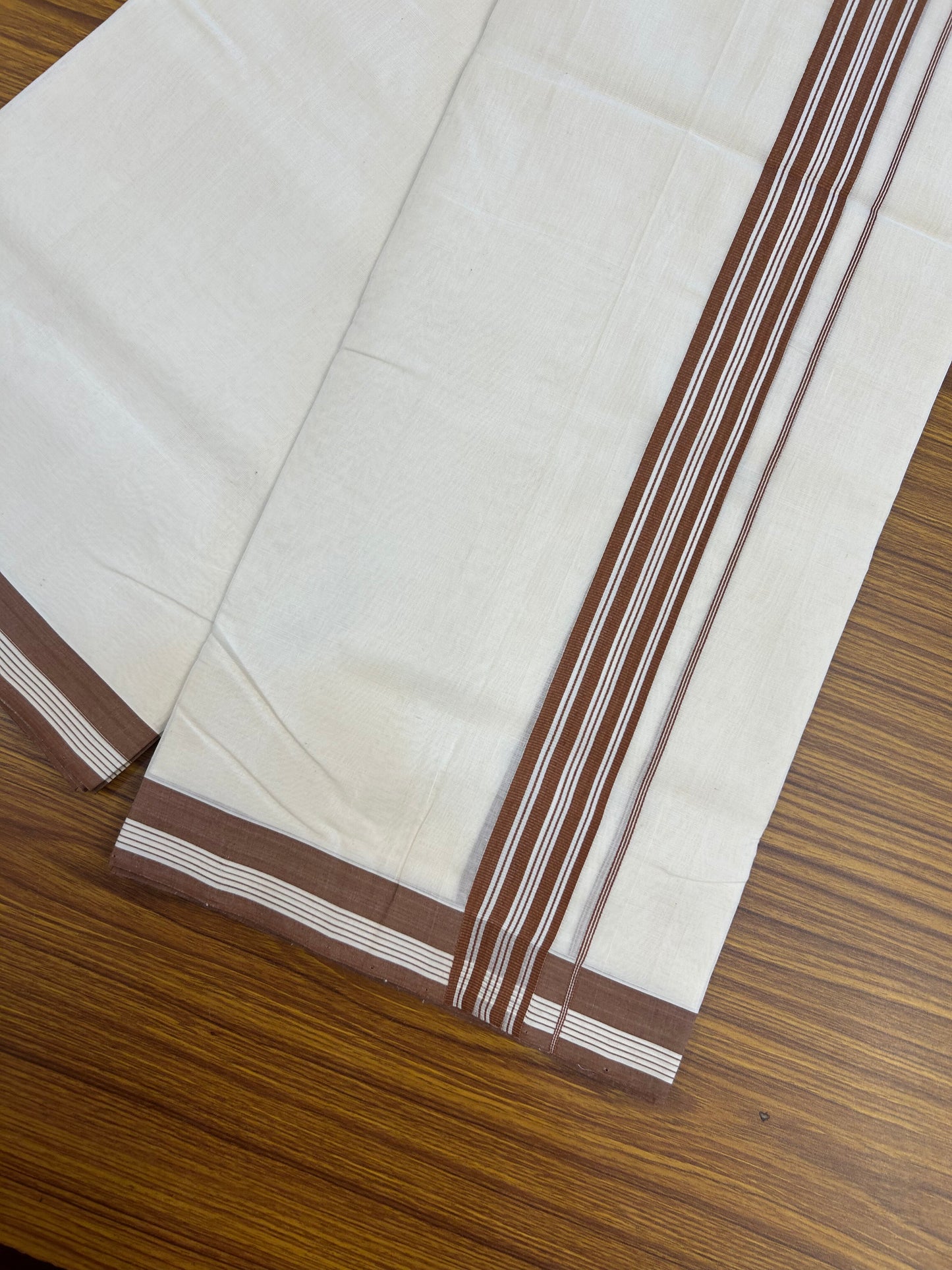 25% Discount!! KaithariKada Handloom Unakkupaav - Kerala Handloom - 100% Pure Cotton Off White (Unbleached) Double Mundu/Dothi - 100x80 - 1.5 inch Brown Stripes Kara 3.80 mtr (8 muzham) - 26 KK5353 REA
