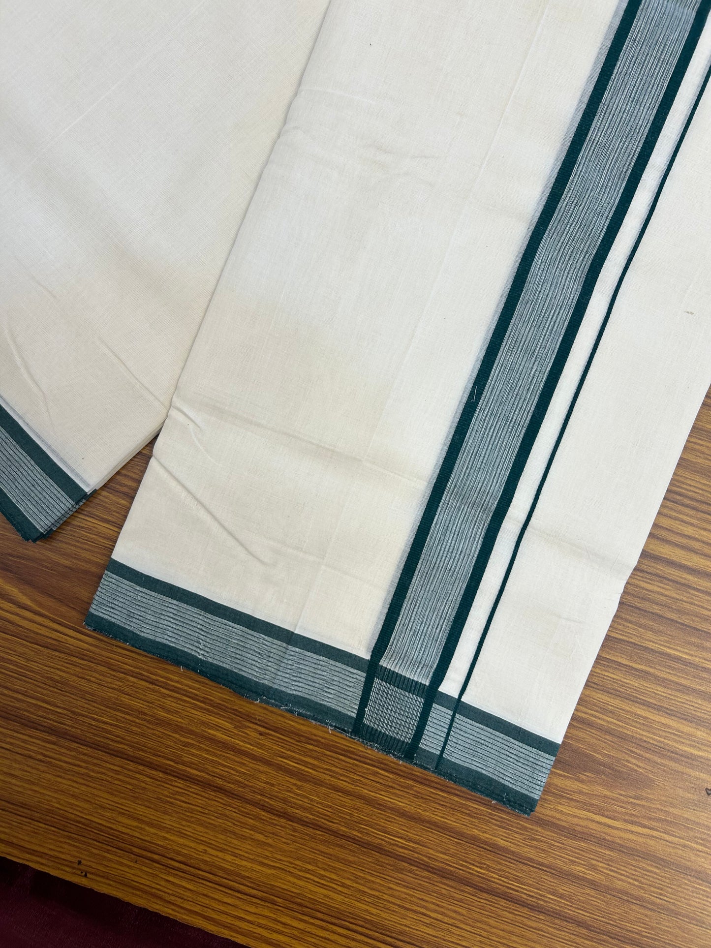 25% Discount!! KaithariKada Handloom Unakkupaav - Kerala Handloom - 100% Pure Cotton Off White (Unbleached) Double Mundu/Dothi - 100x80 - 1.5 inch Green shaded Kara 3.80 mtr (8 muzham) - 29 KK5353 REA