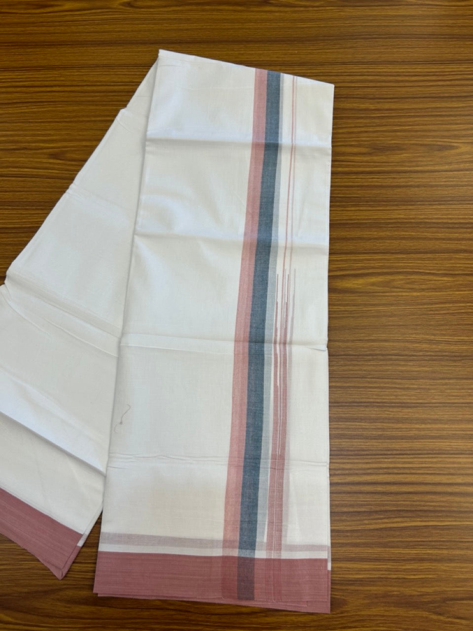 20% Discount ! Kaitharikada Balaramapuram 100% Pure Cotton Double Pure White Mundu/Dhoti - 100x80 - 1.25 inch Dark Green & Dusty rose shaded striped long chutty 3.90 mtr (8.5 muzham) - 79 KK5287 PMC