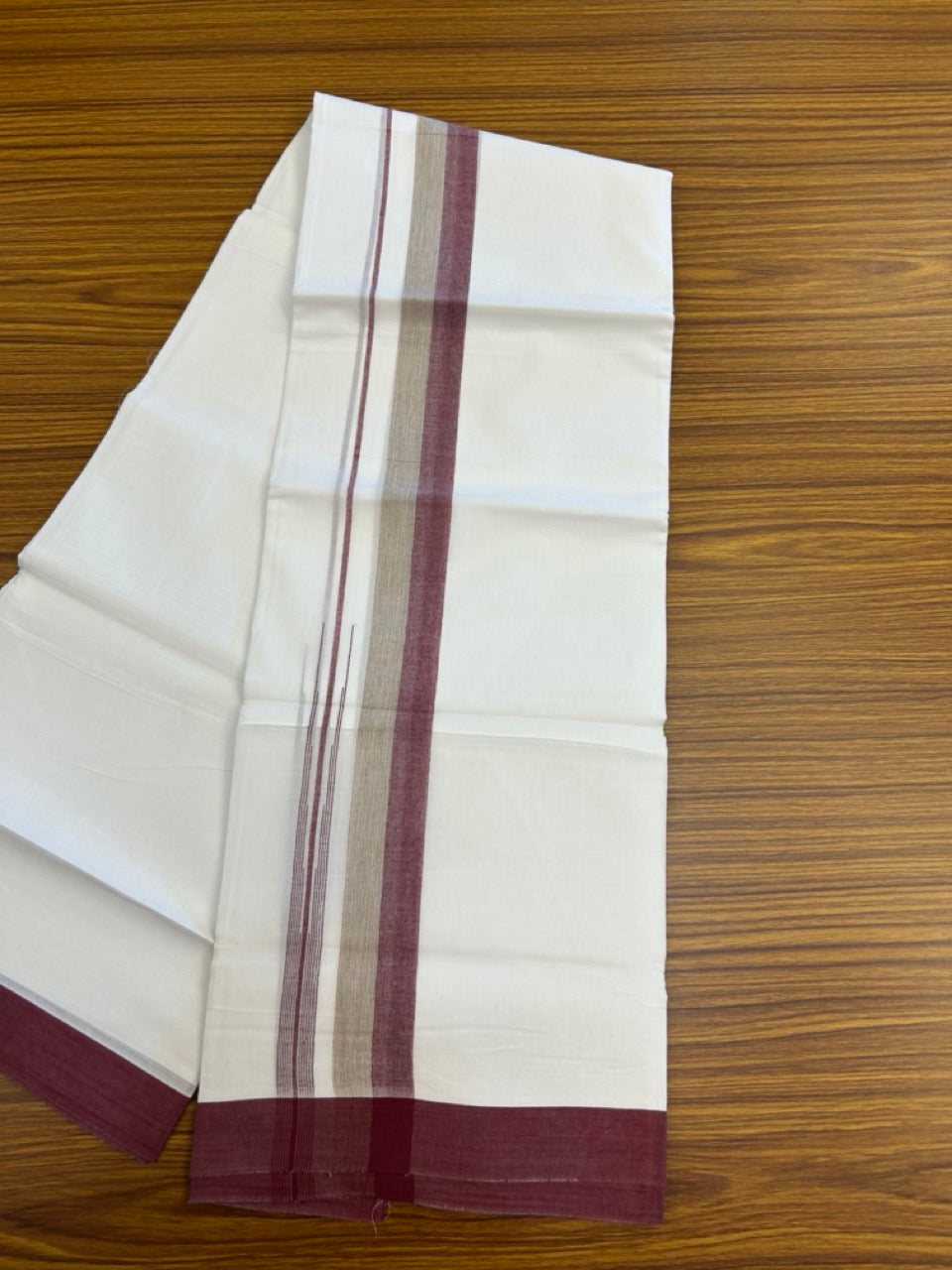 20% Discount ! Kaitharikada Balaramapuram 100% Pure Cotton Double Pure White Mundu/Dhoti - 100x80 - 1.5 inch Maroon & Sage Green shaded striped chutty 3.90 mtr (8.5 muzham) - 84 KK5287 PMC