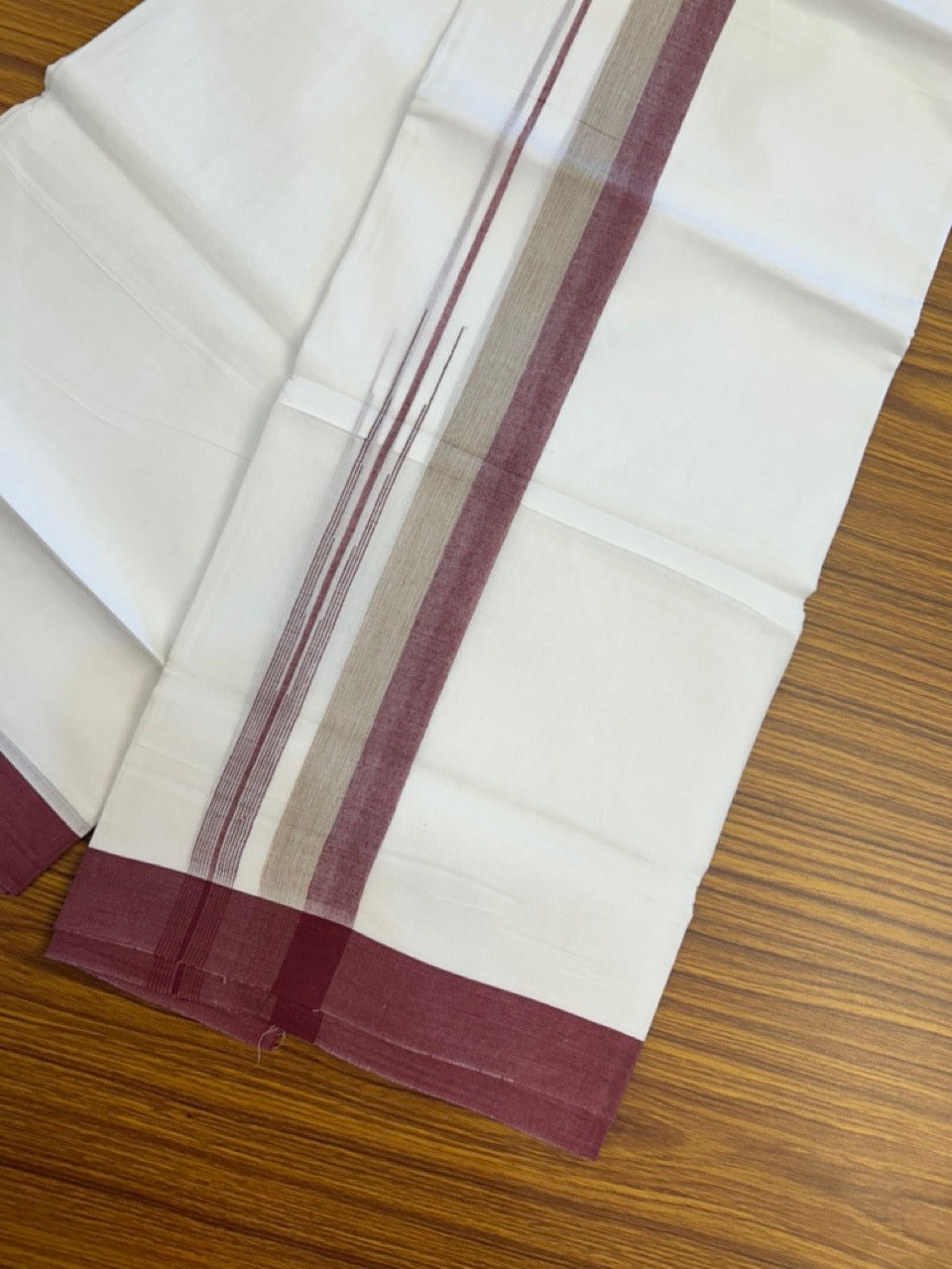 20% Discount ! Kaitharikada Balaramapuram 100% Pure Cotton Double Pure White Mundu/Dhoti - 100x80 - 1.5 inch Maroon & Sage Green shaded striped chutty 3.90 mtr (8.5 muzham) - 84 KK5287 PMC