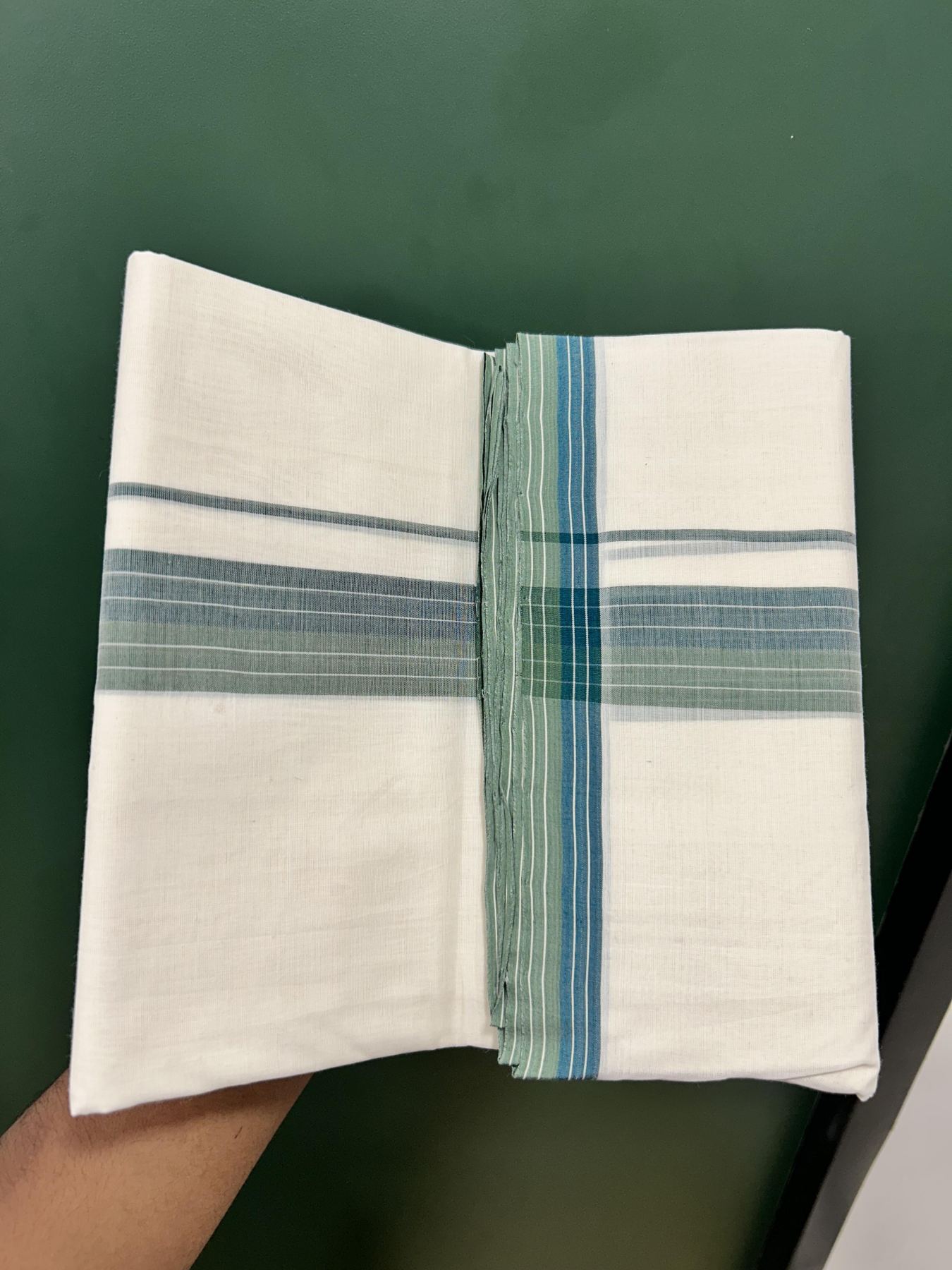 Double Off White (Unbleached) Mundu/Dhoti - 25% Discount! KaithariKada Unakkupaav - Kerala Handloom - 100% Pure Cotton - 100x80 - 1.5 inch Bottle Green & Sage Green Stripe Shaded Kara 3.80 meter (8.5 muzham) - 9 KK5462 REA