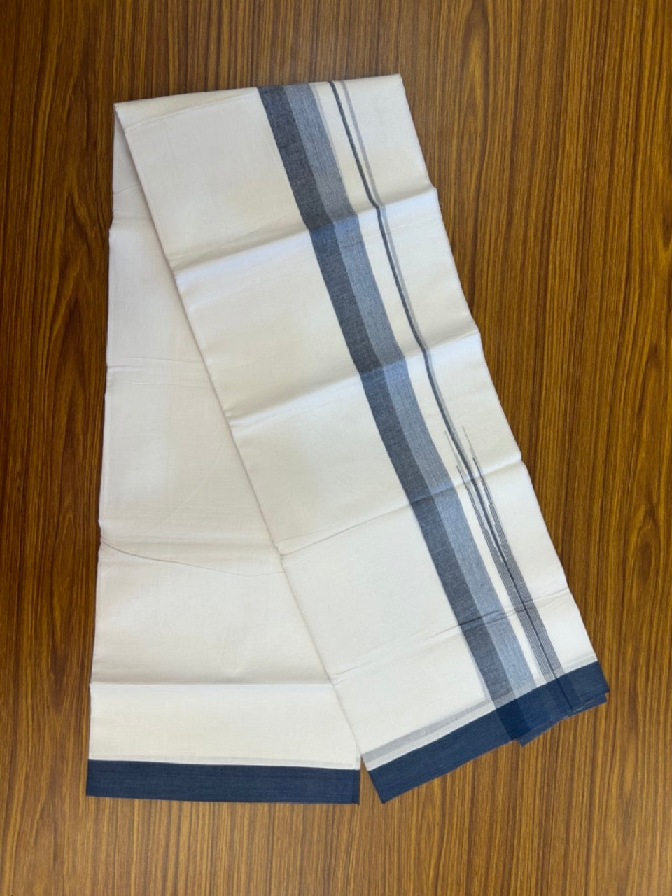 20% Discount ! Kaitharikada Balaramapuram 100% Pure Cotton Double Pure White Mundu/Dhoti - 100x80 - 1.5 inch Peacock Blue shaded striped chutty 3.90 mtr (8.5 muzham) - 80 KK5287 PMC