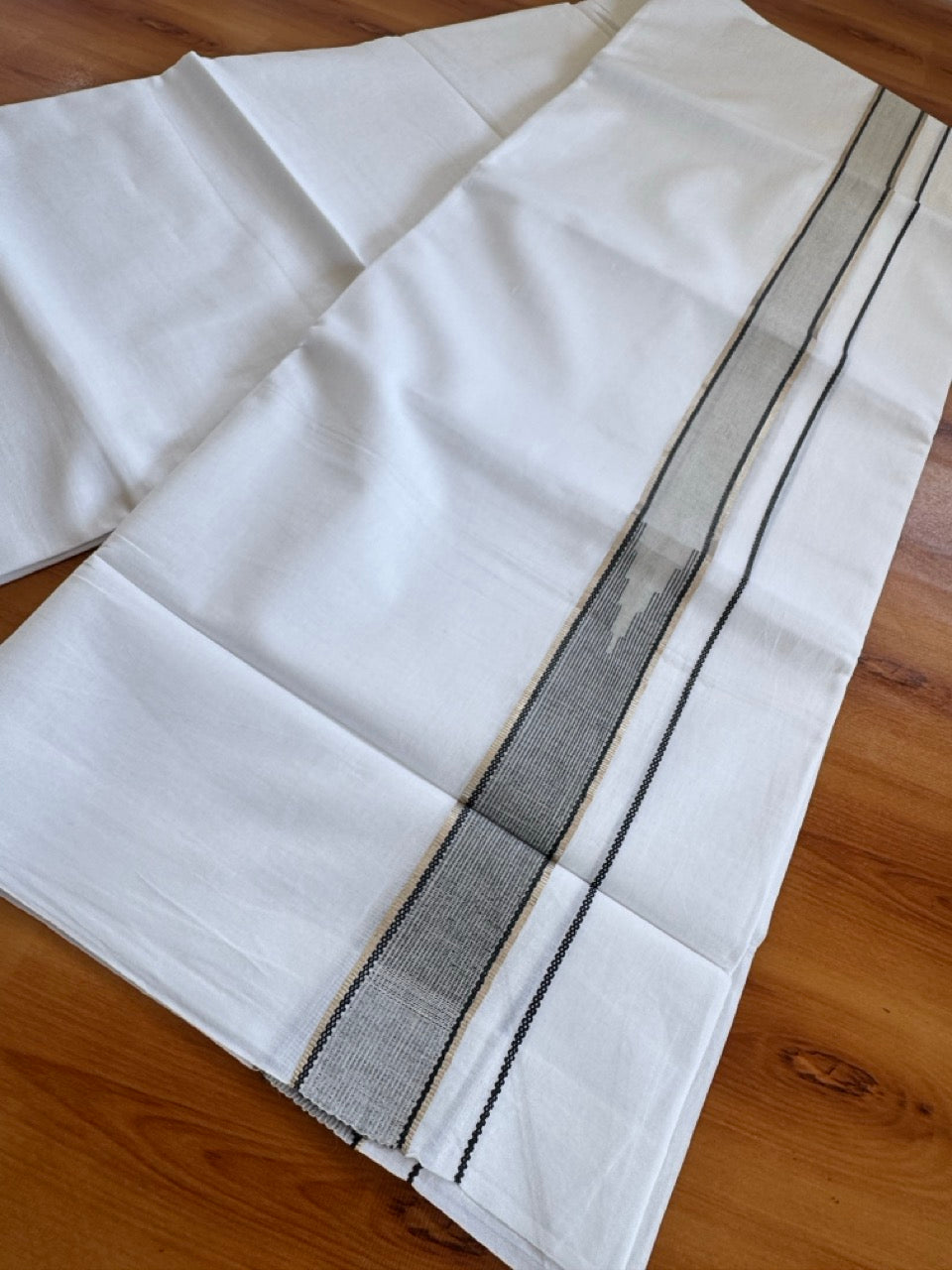 Double Pure White Mundu/Dhoti - 20% Discount !! KaithariKada Balaramapuram 100% Cotton - 100x80 - 1.25 inch Light Grey & Black Silver Kasav Chutty Kara 3.80 mtr (8 muzham) - 6 KK5505 VAS